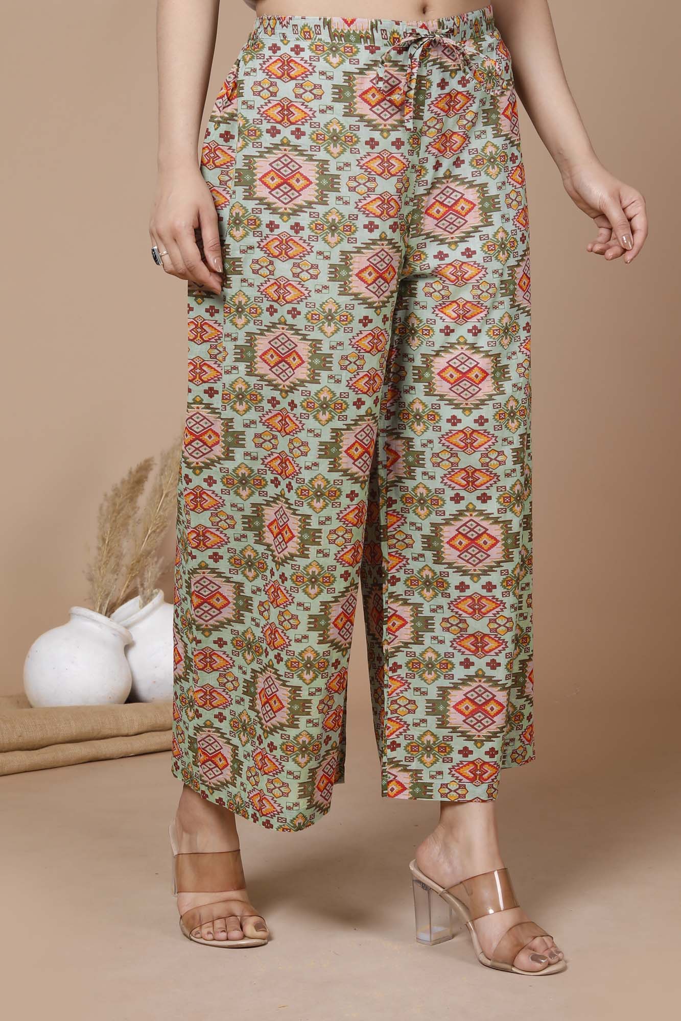 Women Broad Pant Green Geometrical