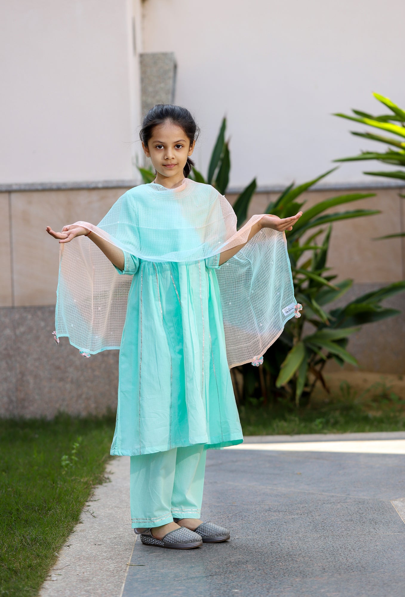 Girls Ice Blue Anarkali Kurta Set-S/3