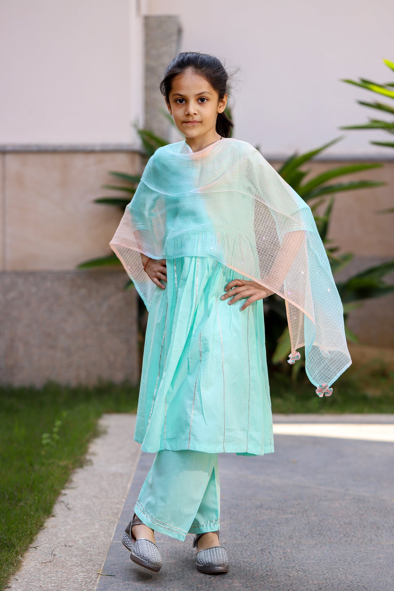 Girls Ice Blue Anarkali Kurta Set-S/3