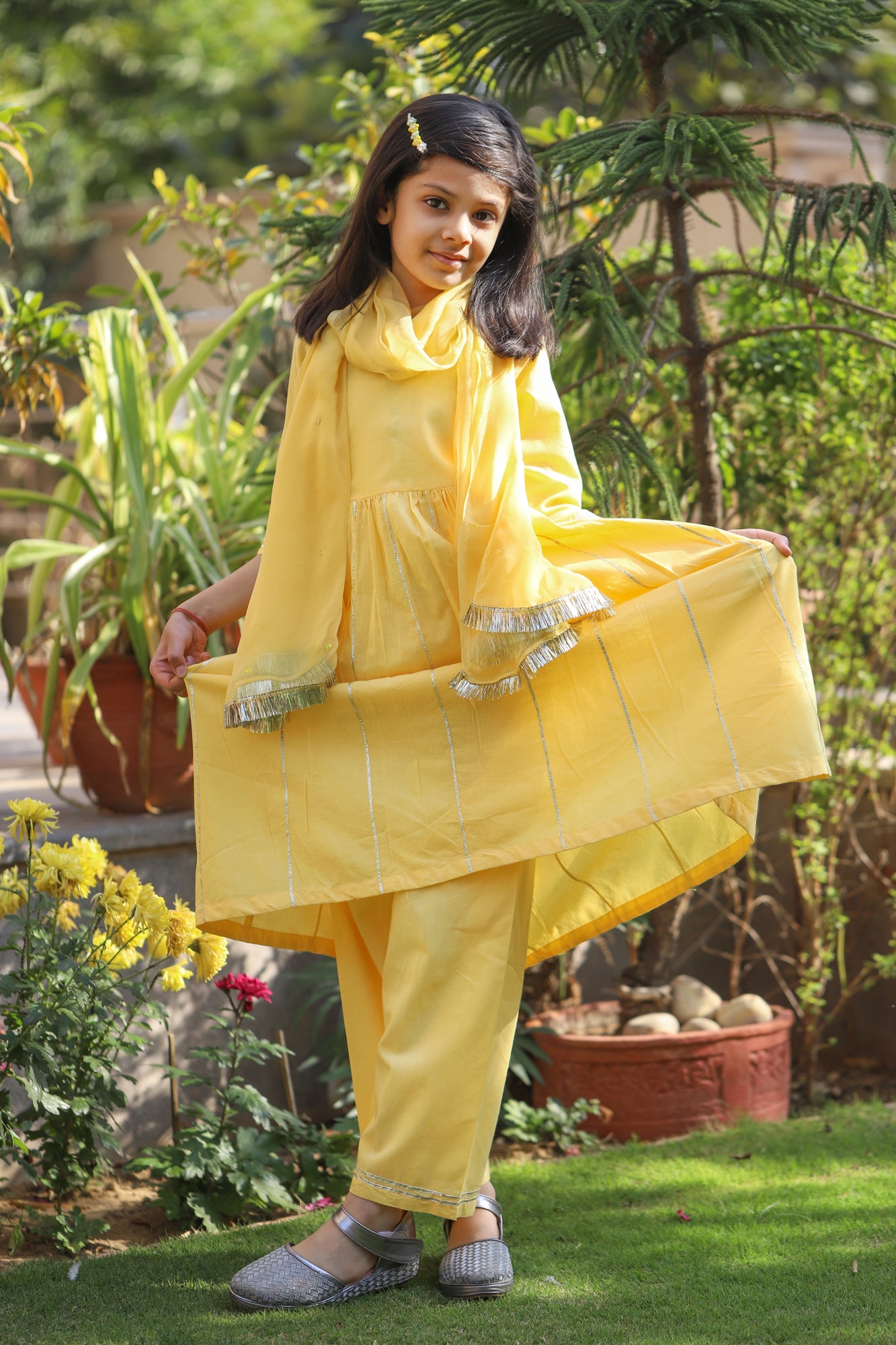 Girls Yellow Anarkali Suit Set - S/3