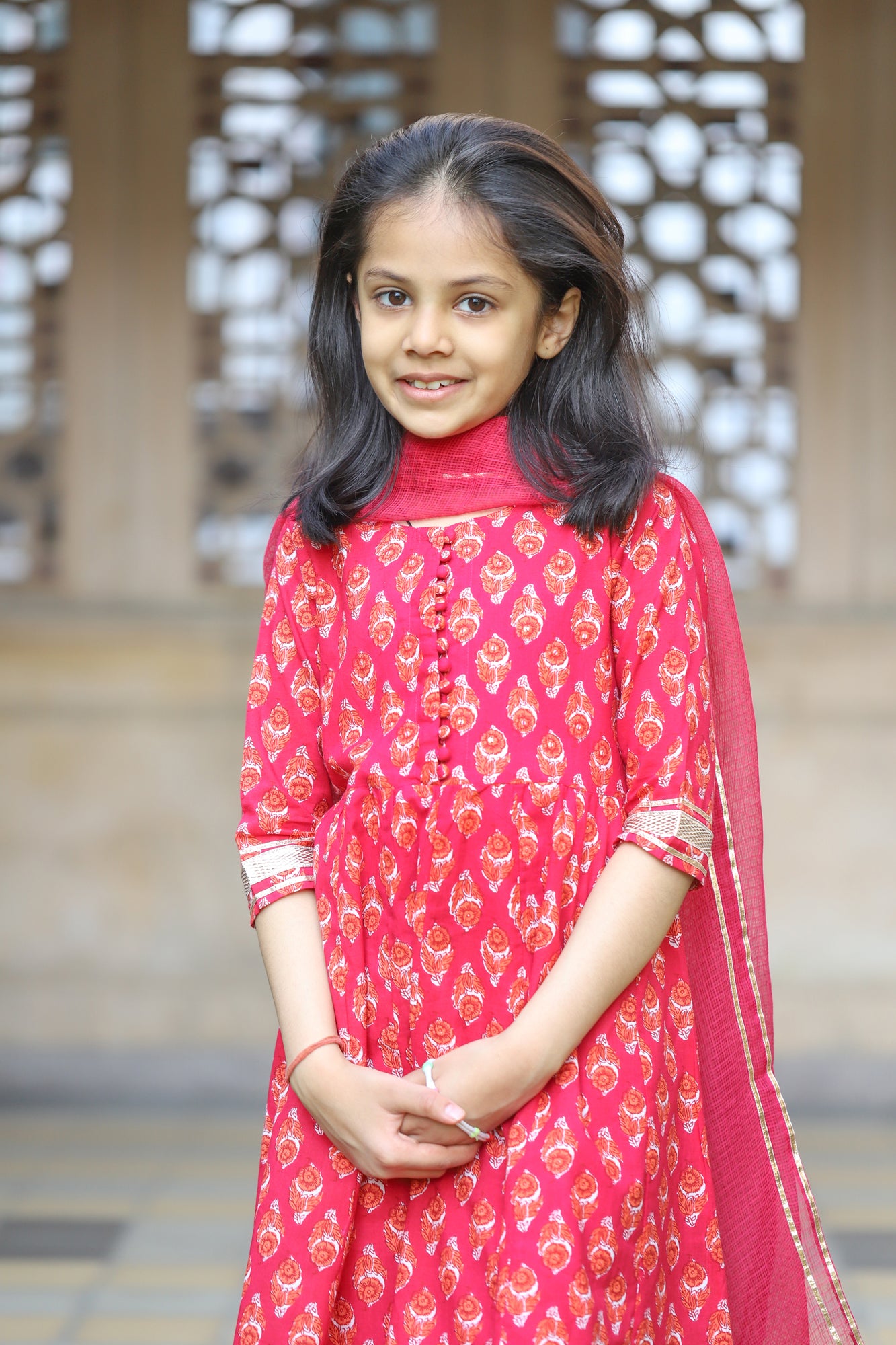 Girls Red Anarkali Printed Suit Set - S/3