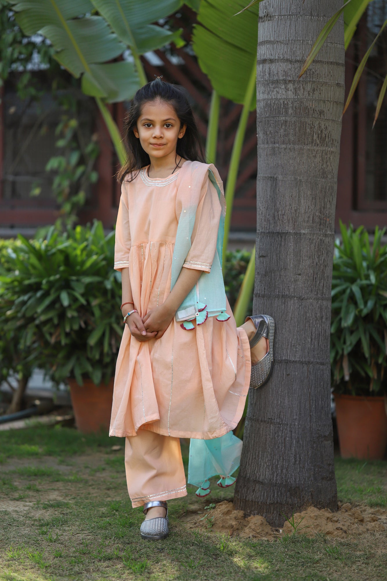 Girls Peach Anarkali Suit Set S/3