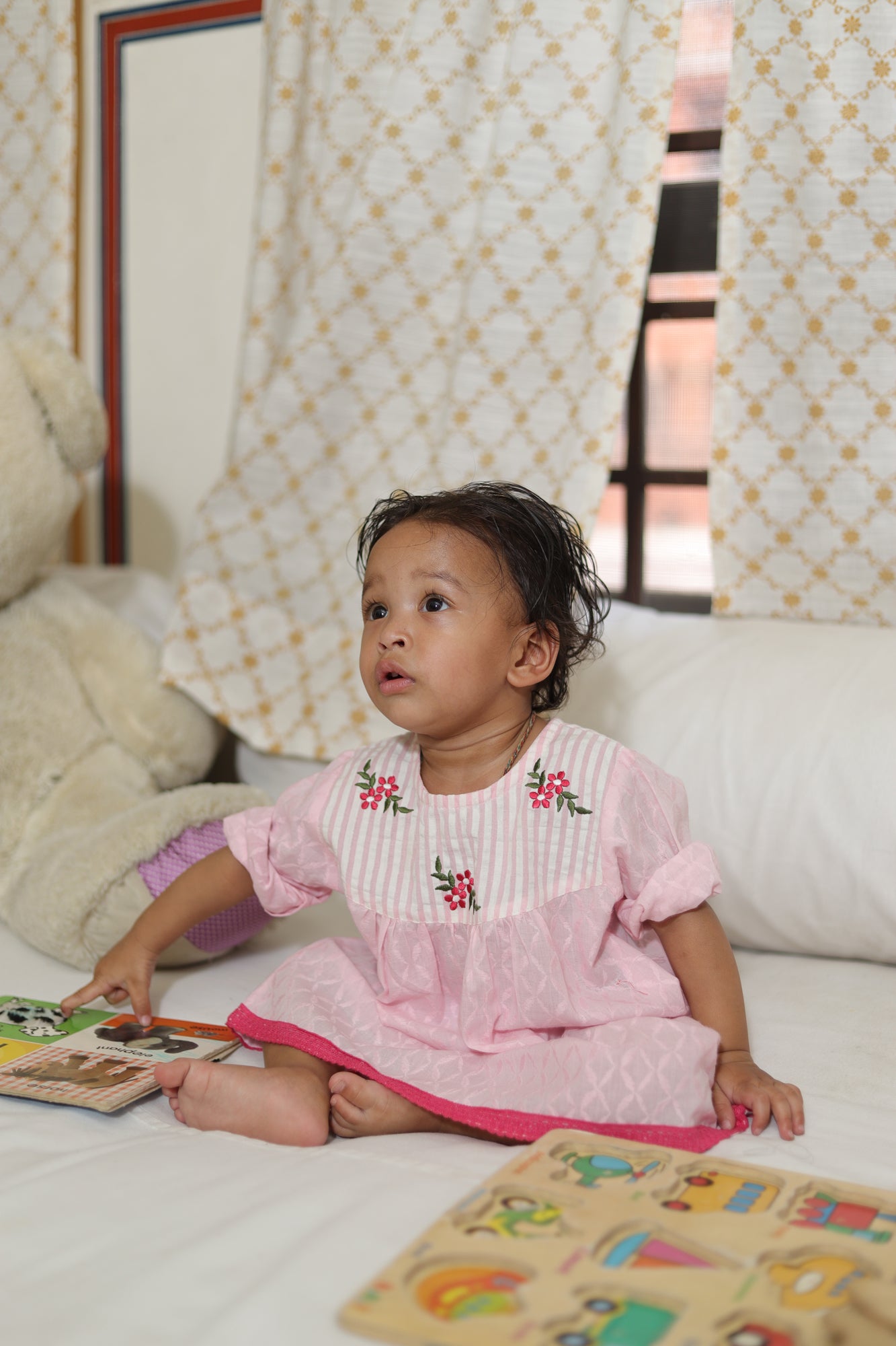 Girls Pink Embroidered Yoke Frock