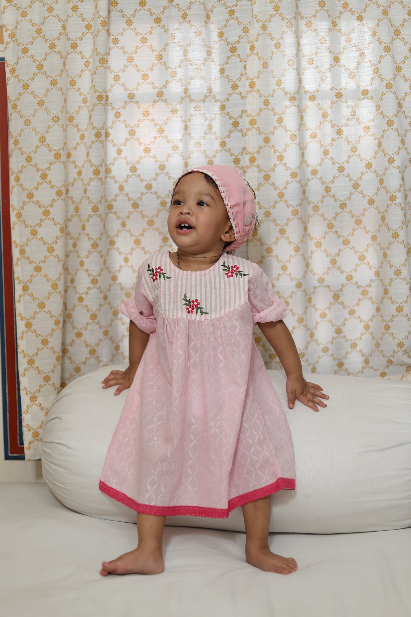 Girls Pink Embroidered Yoke Frock