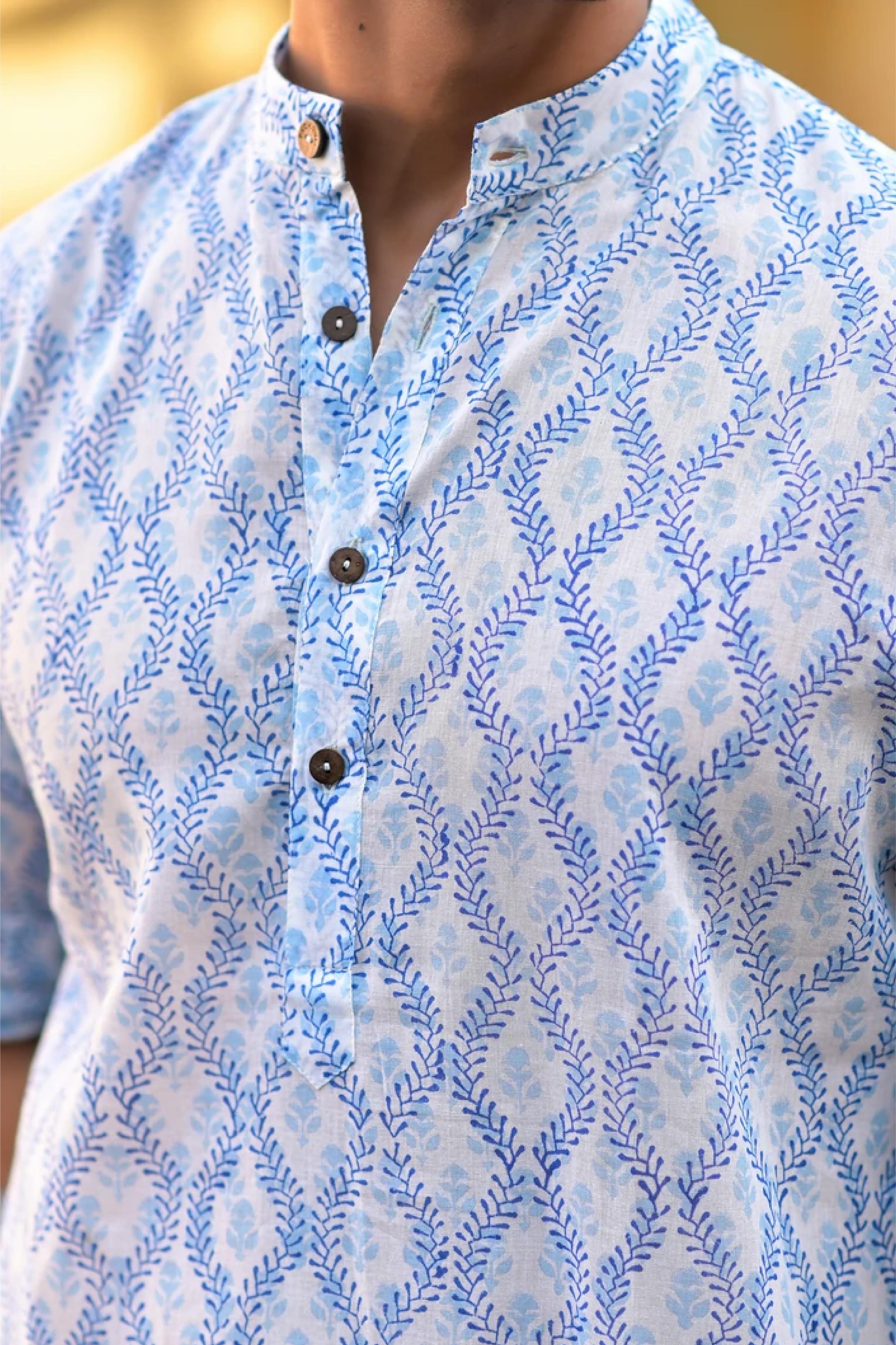 Kurta Long Mens Leaf Jaal Blue