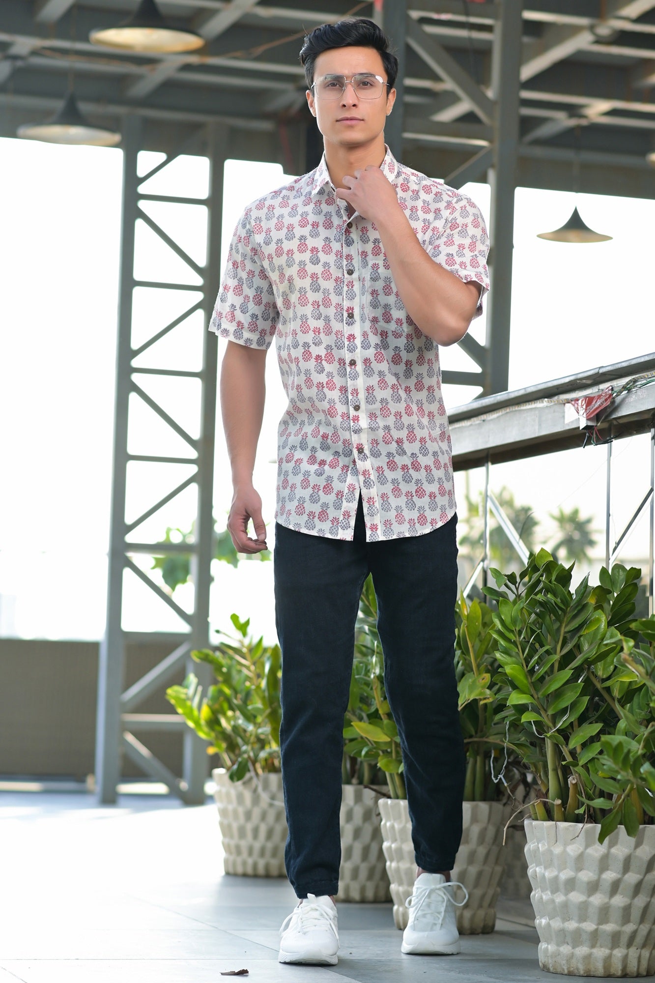 Shirt Half Sleeve Maroon/Grey Pineapple