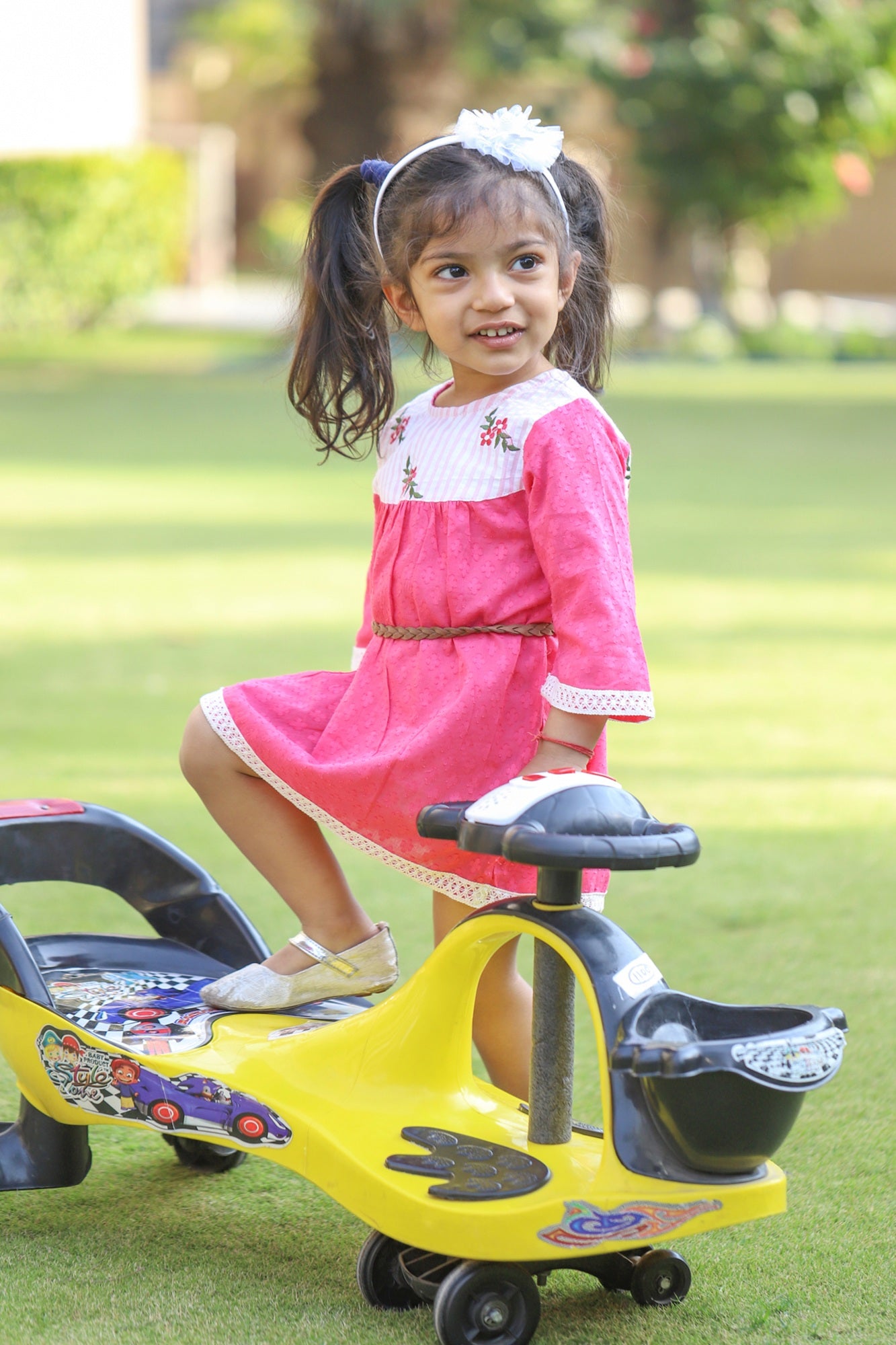 Girls Pink Embroidered Yoke Frock