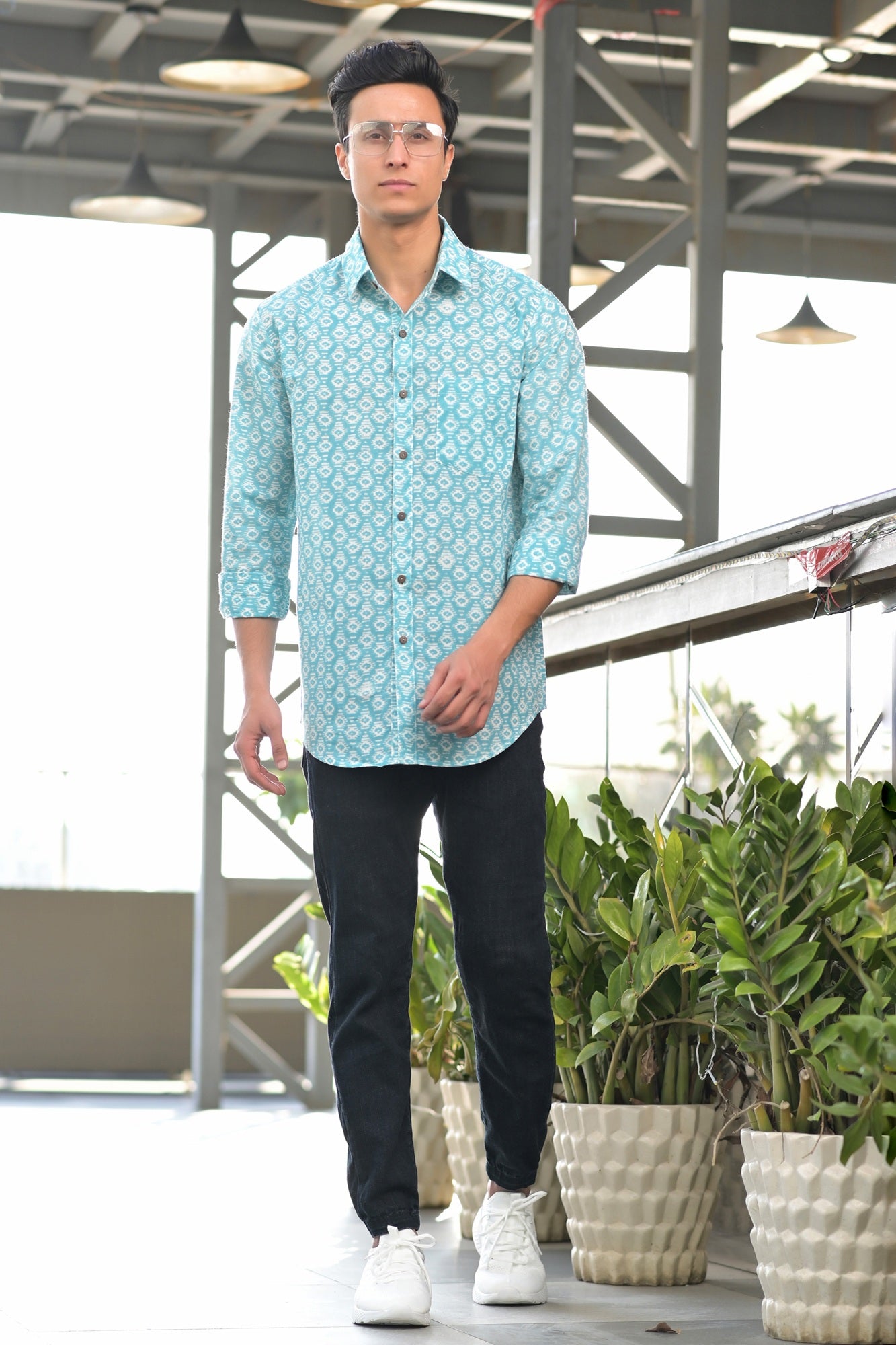 Shirt Full Sleeve Mens Blue Geometric