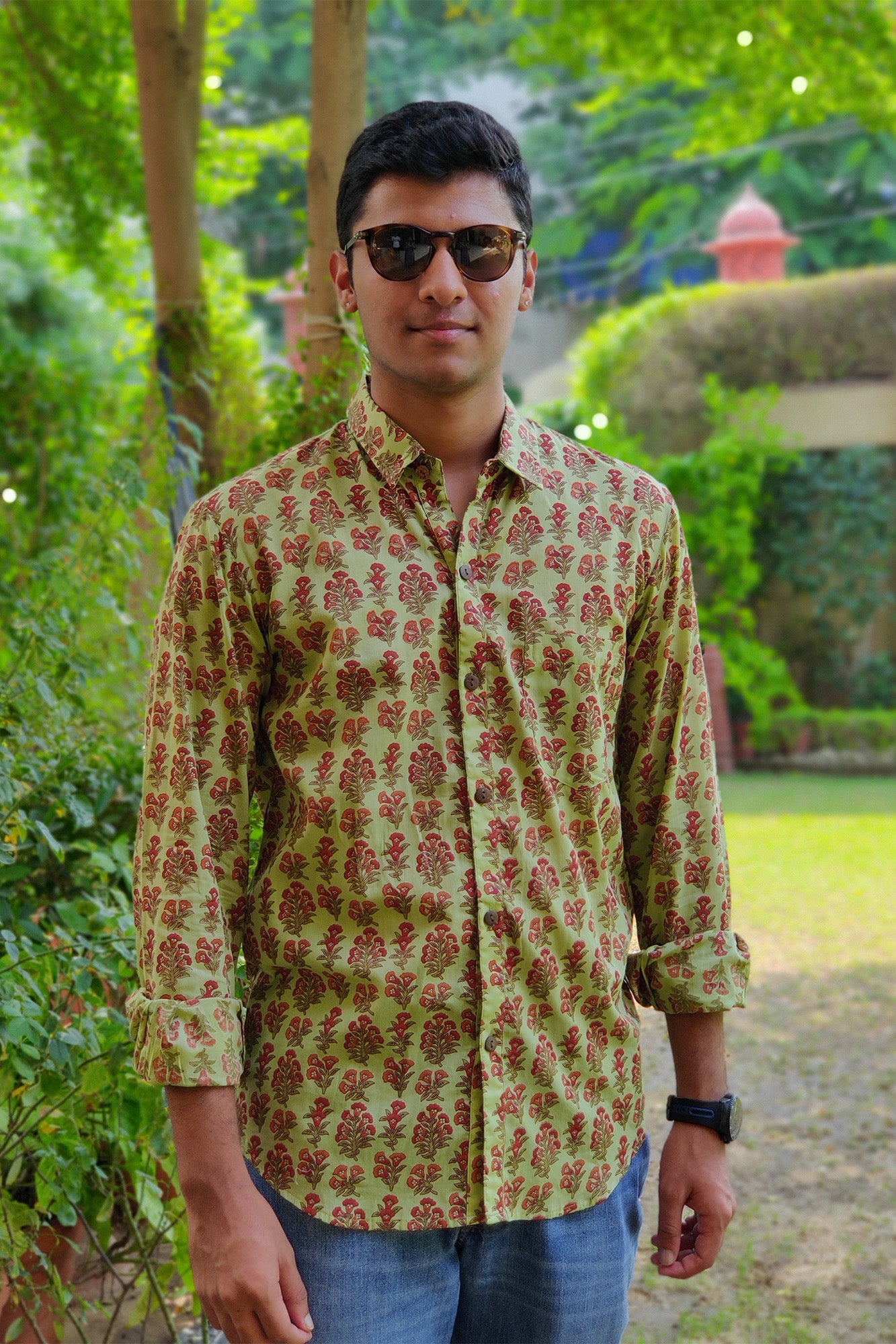 Men Full Sleeve Shirt Rust Booti on Green