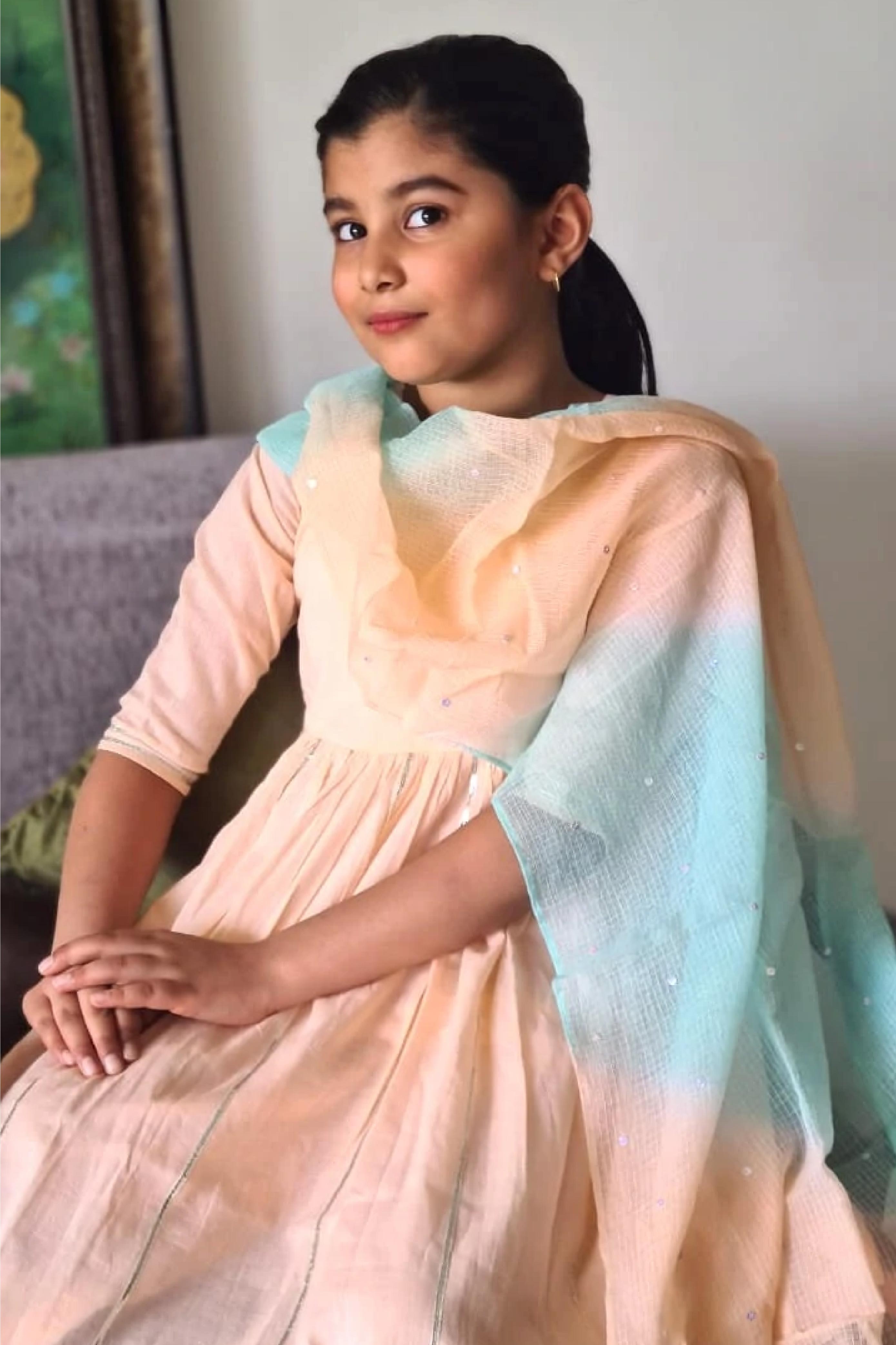 Girls Peach Anarkali Suit Set S/3