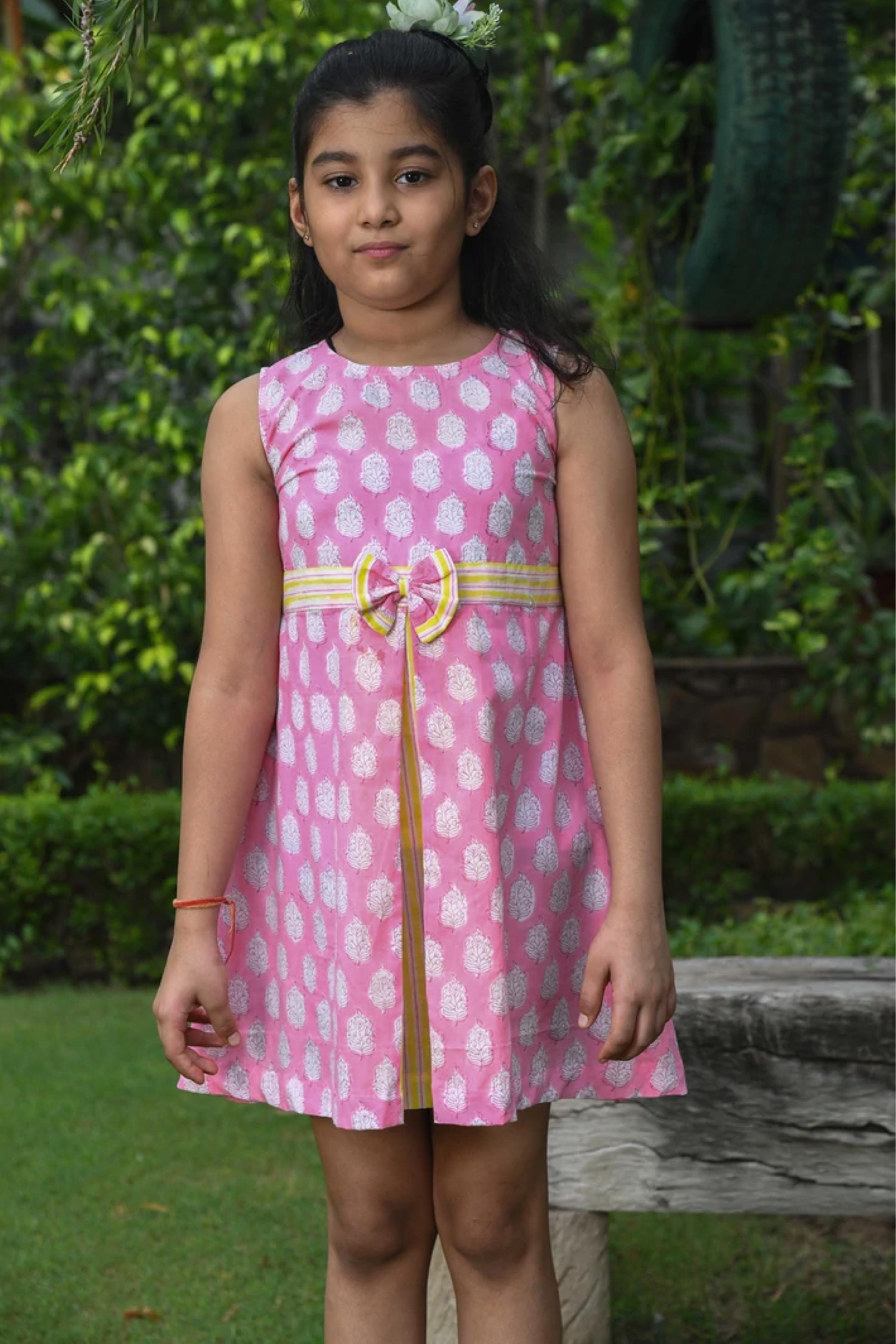 Girl Pink Bow Pleated Frock