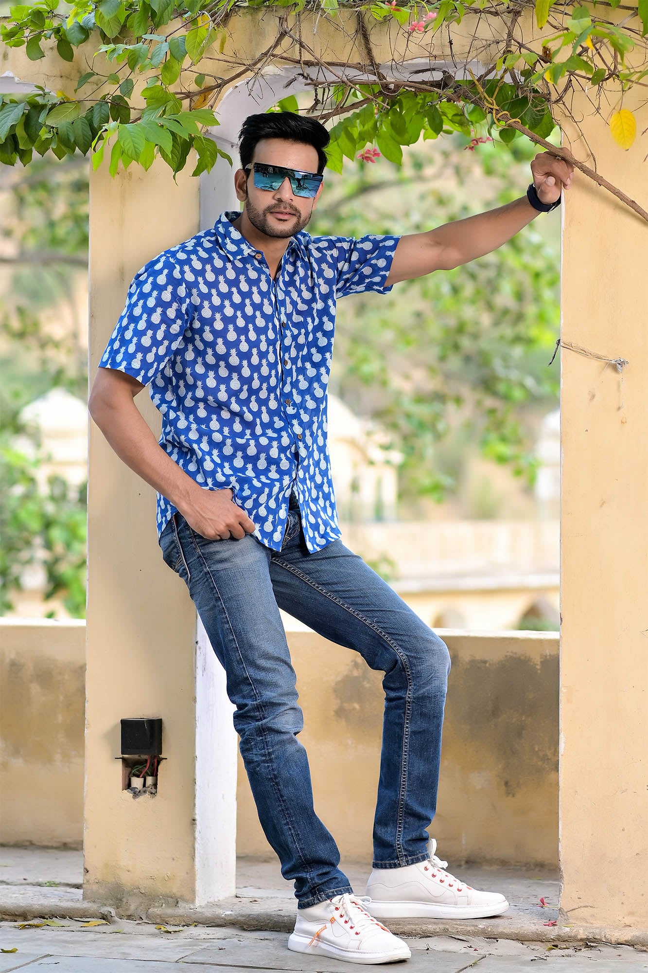 Shirt Half Sleeve Mens Pineapple Blue