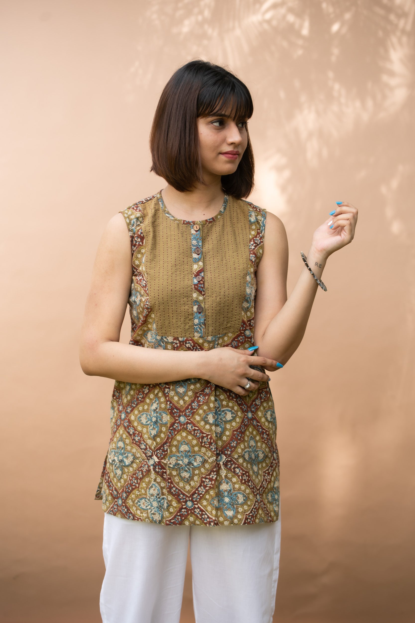 Women Khadi Pleated Short Kurti Top