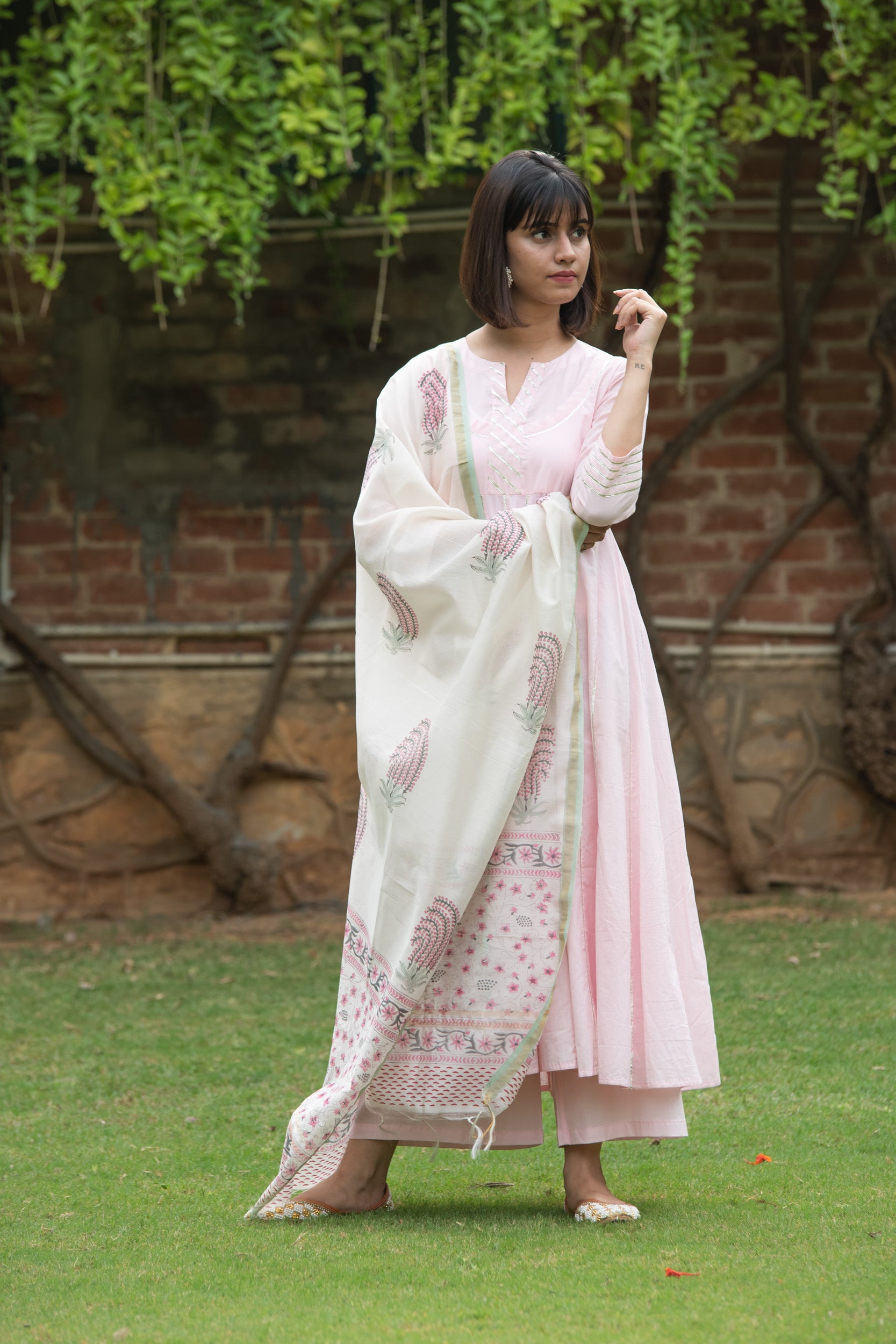 Kurta Set of 3 Women Anarkali Gulabi