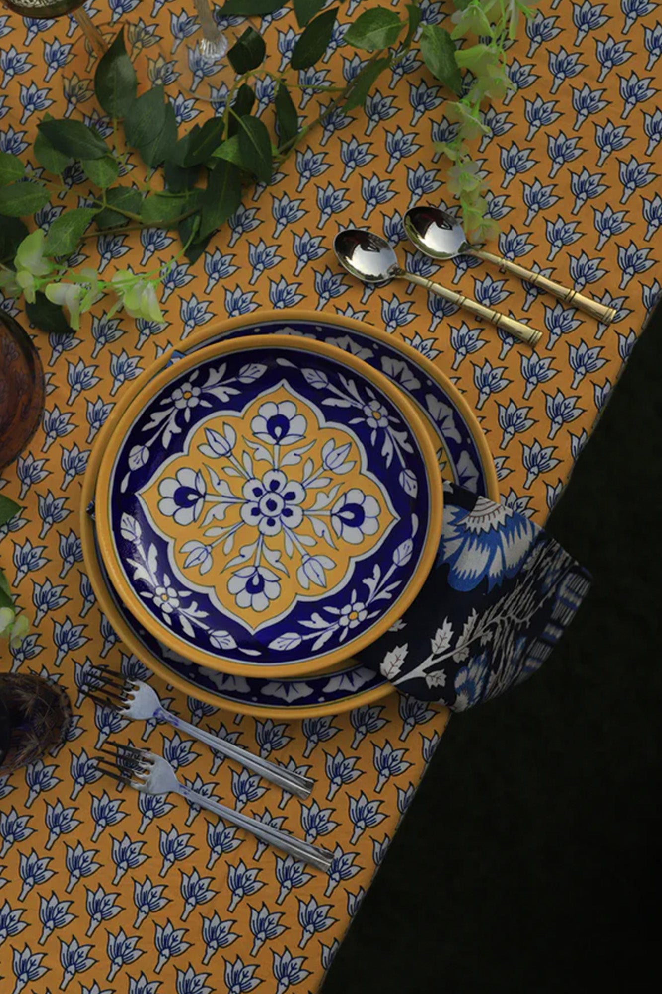 Plate Yellow Blue Ceramic
