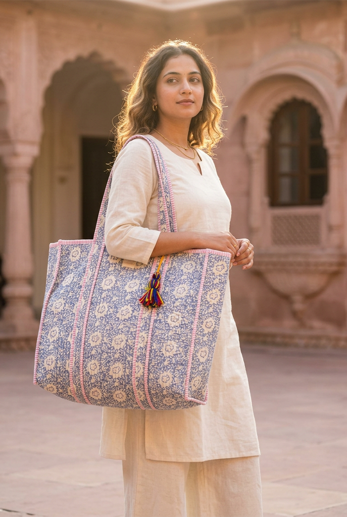 Grey Blossom Quilted Reversible Tote Bag