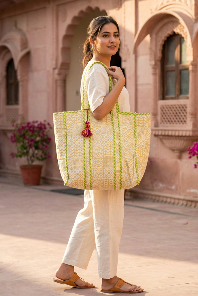 Beige Geometrical Tote Bag