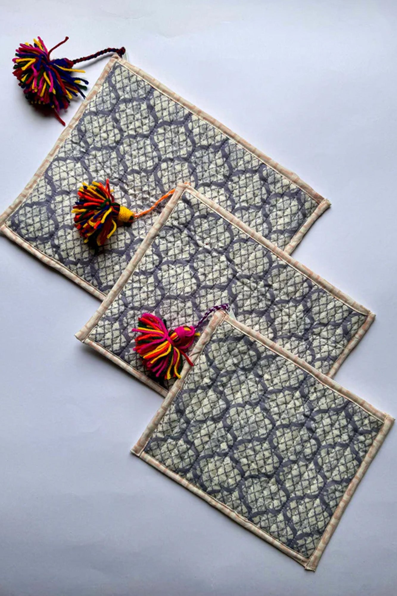 Gray Moroccan Pouch Set of 3 - Flat Quilted