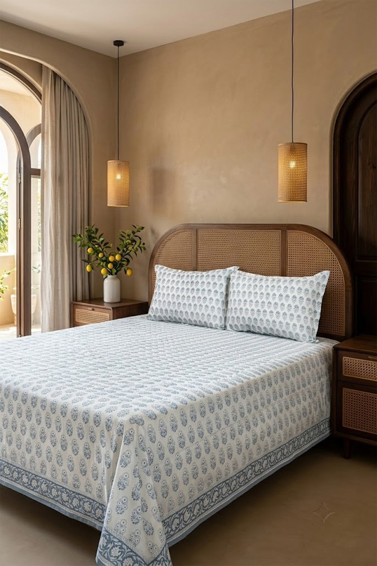 Block Motifs Aqua Bed Sheet With Pillow