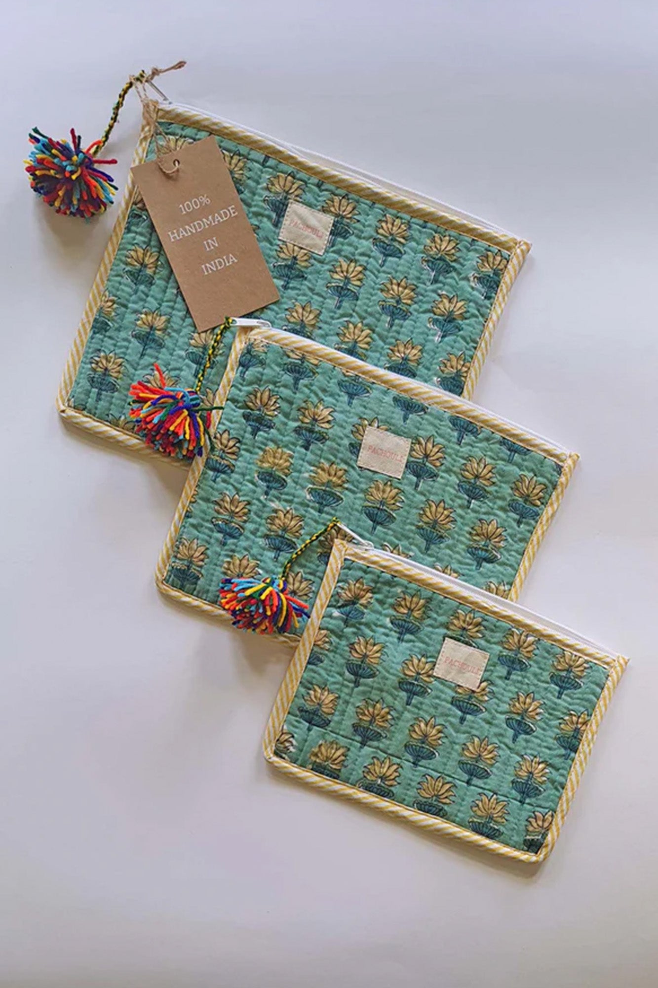 Green Lotus Pouch Set of 3