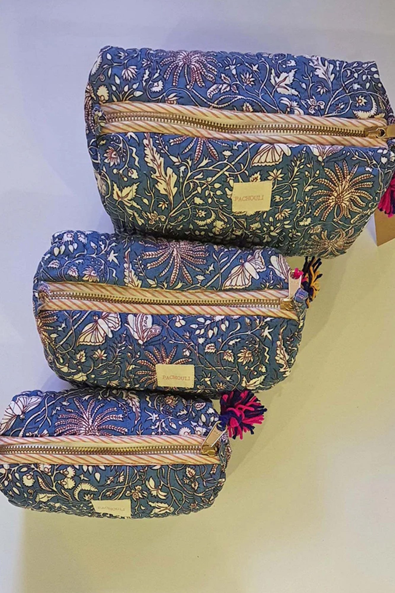 Carnation Blue Quilted Pouch Set of 3