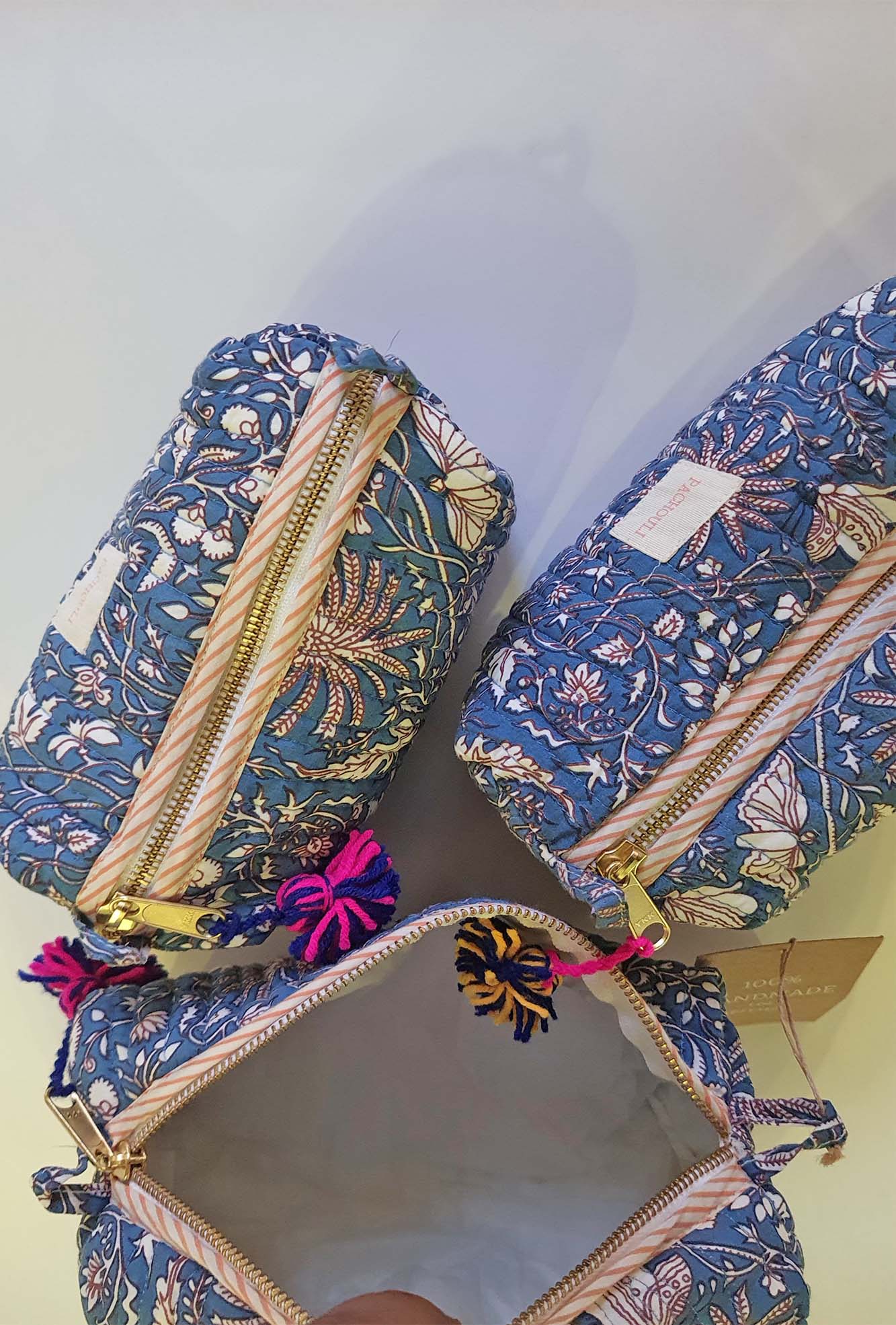 Carnation Blue Quilted Pouch Set of 3