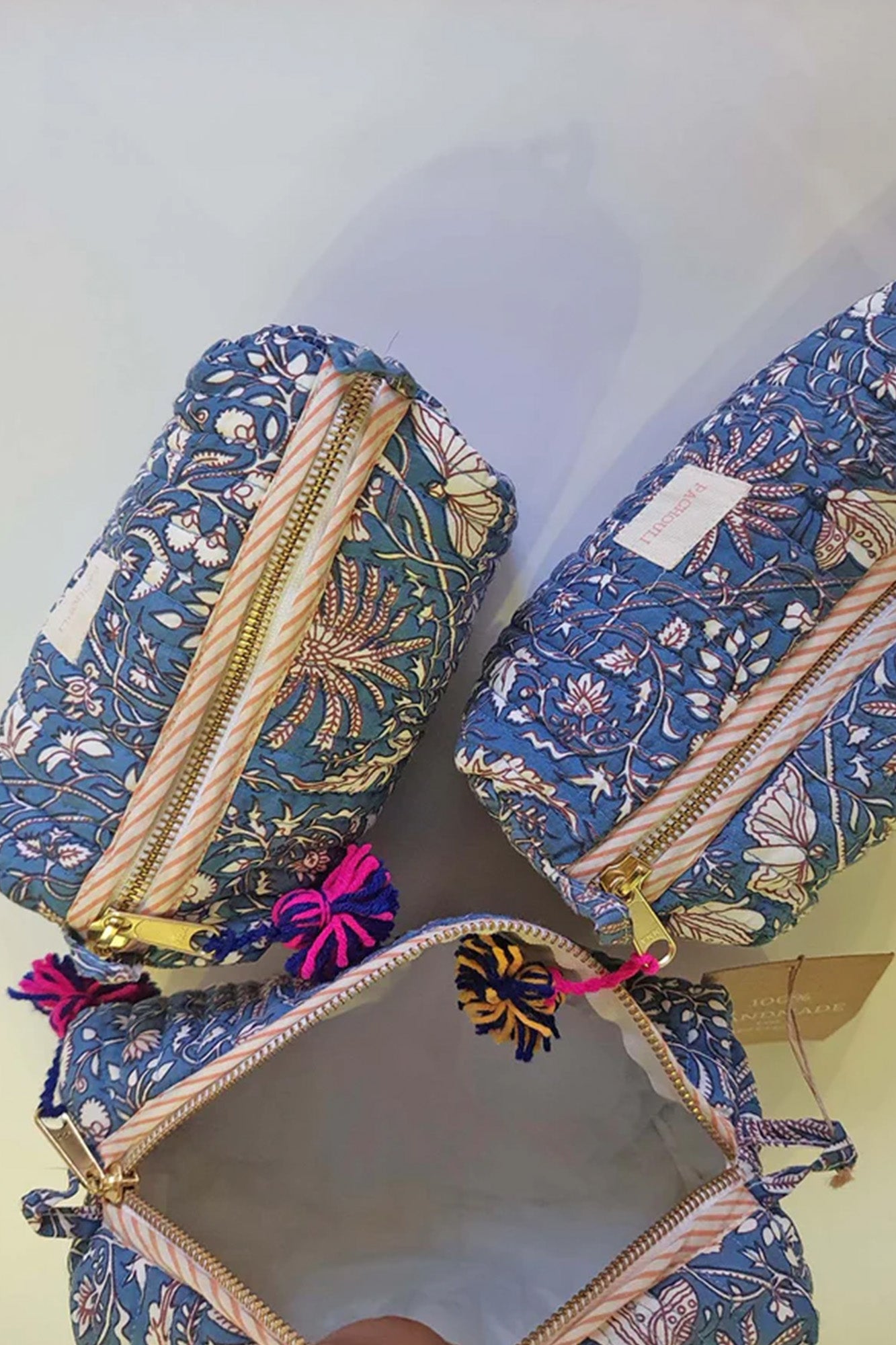 Carnation Blue Quilted Pouch Set of 3