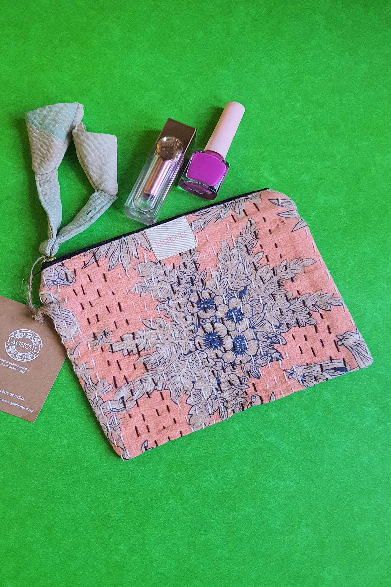 Peach Floral Kantha Pouch