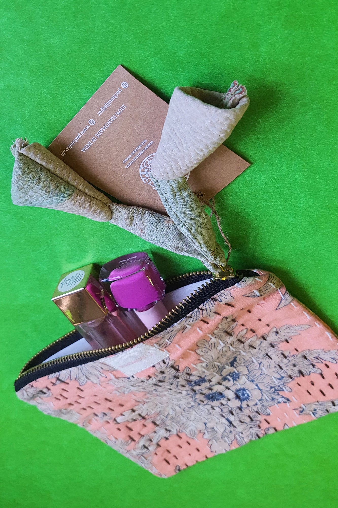 Peach Floral Kantha Pouch