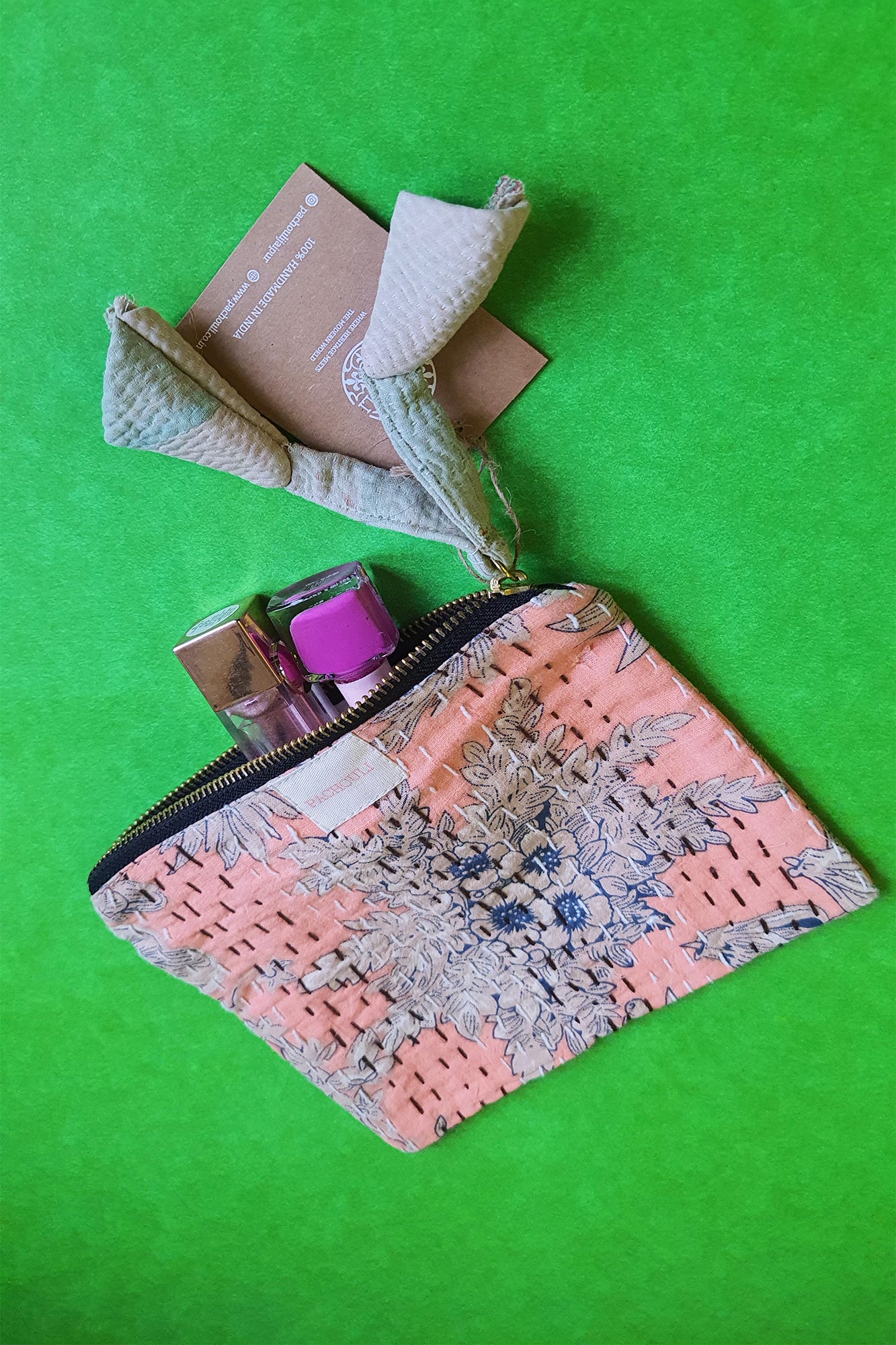 Peach Floral Kantha Pouch