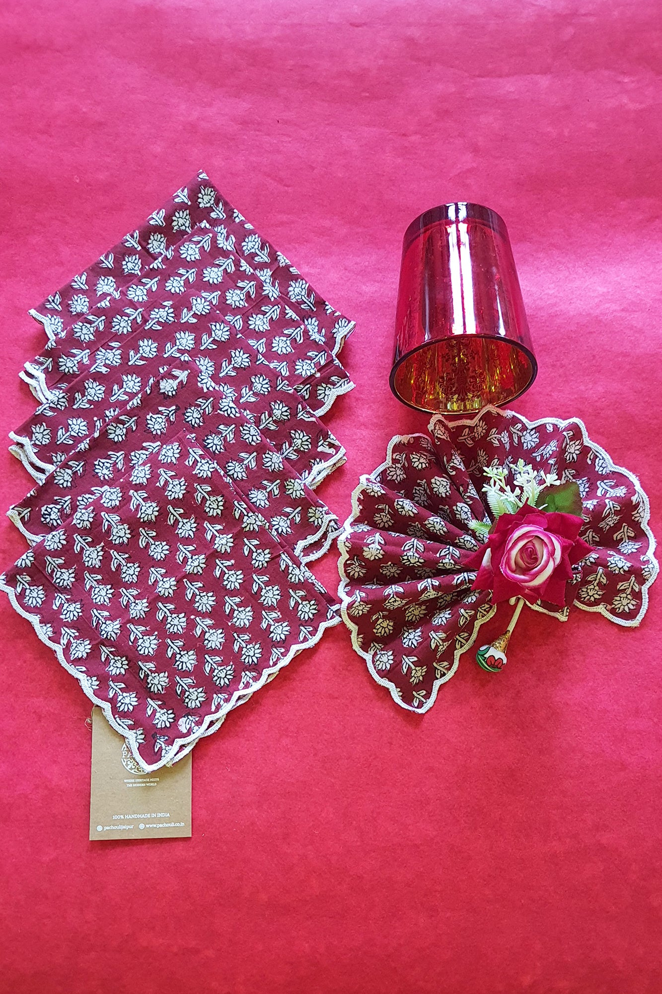Maroon Motifs Scalloped Napkins Set of 6