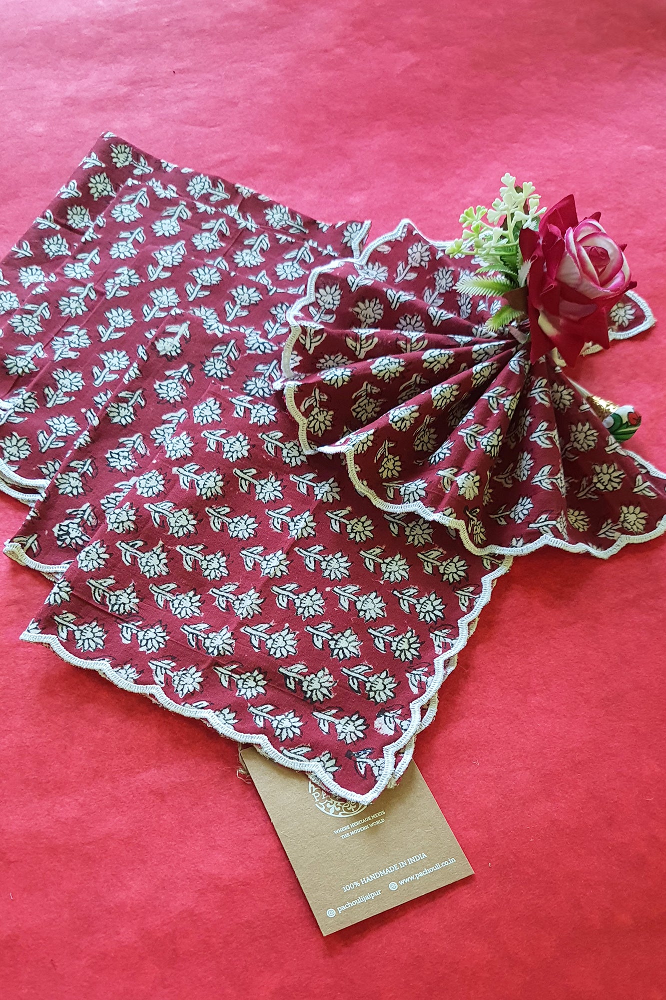 Maroon Motifs Scalloped Napkins Set of 6