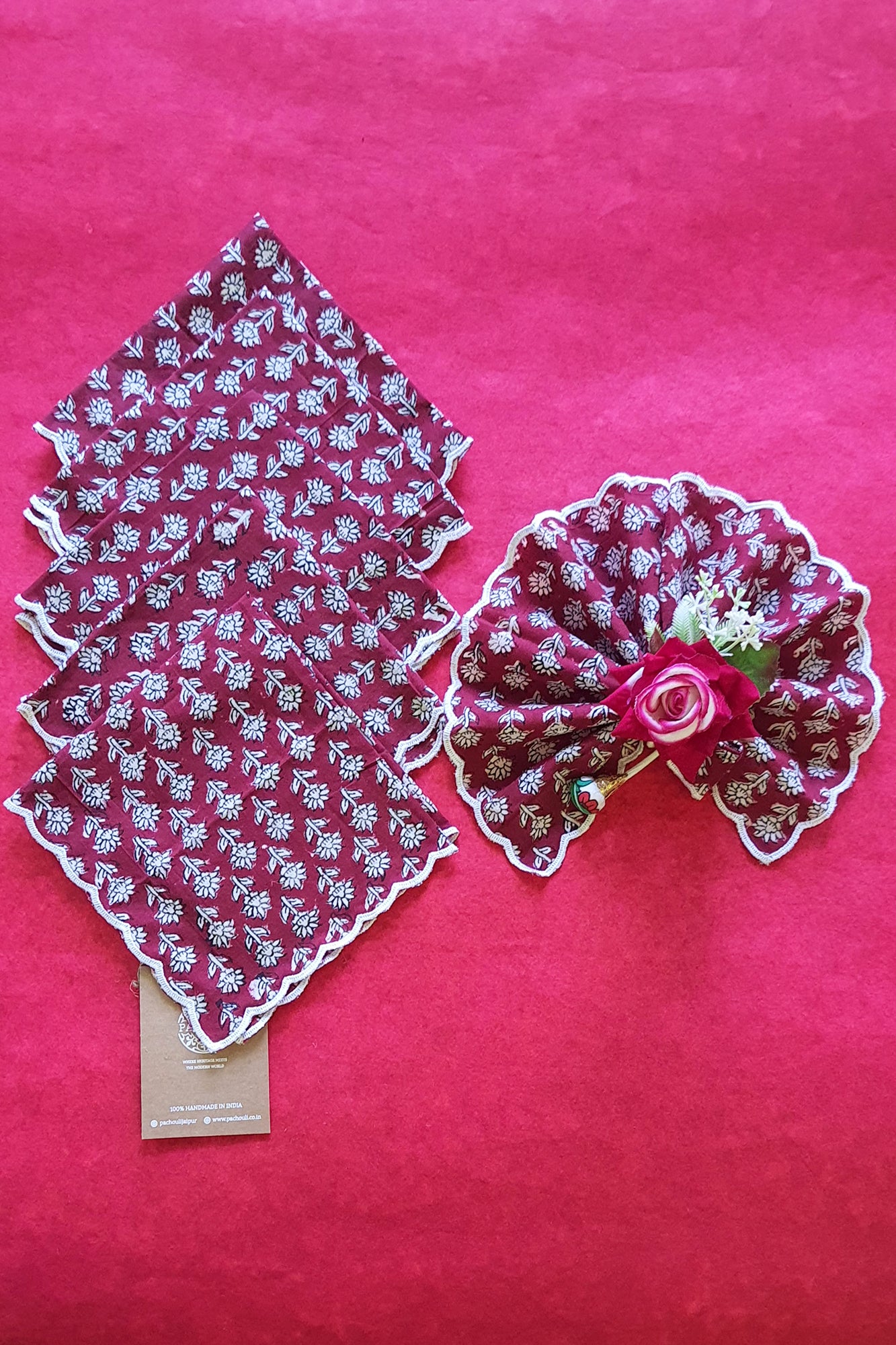 Maroon Motifs Scalloped Napkins Set of 6