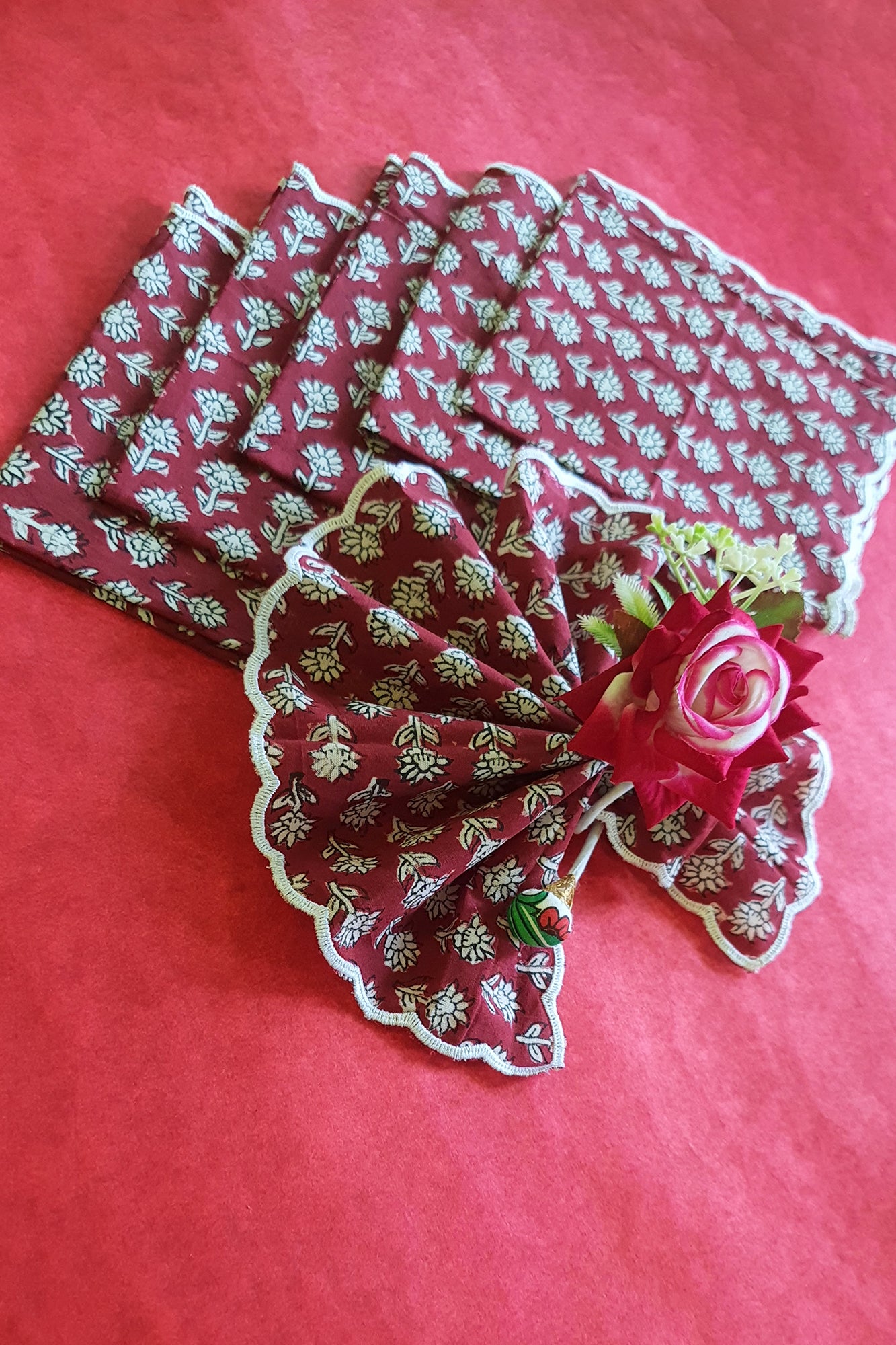 Maroon Motifs Scalloped Napkins Set of 6