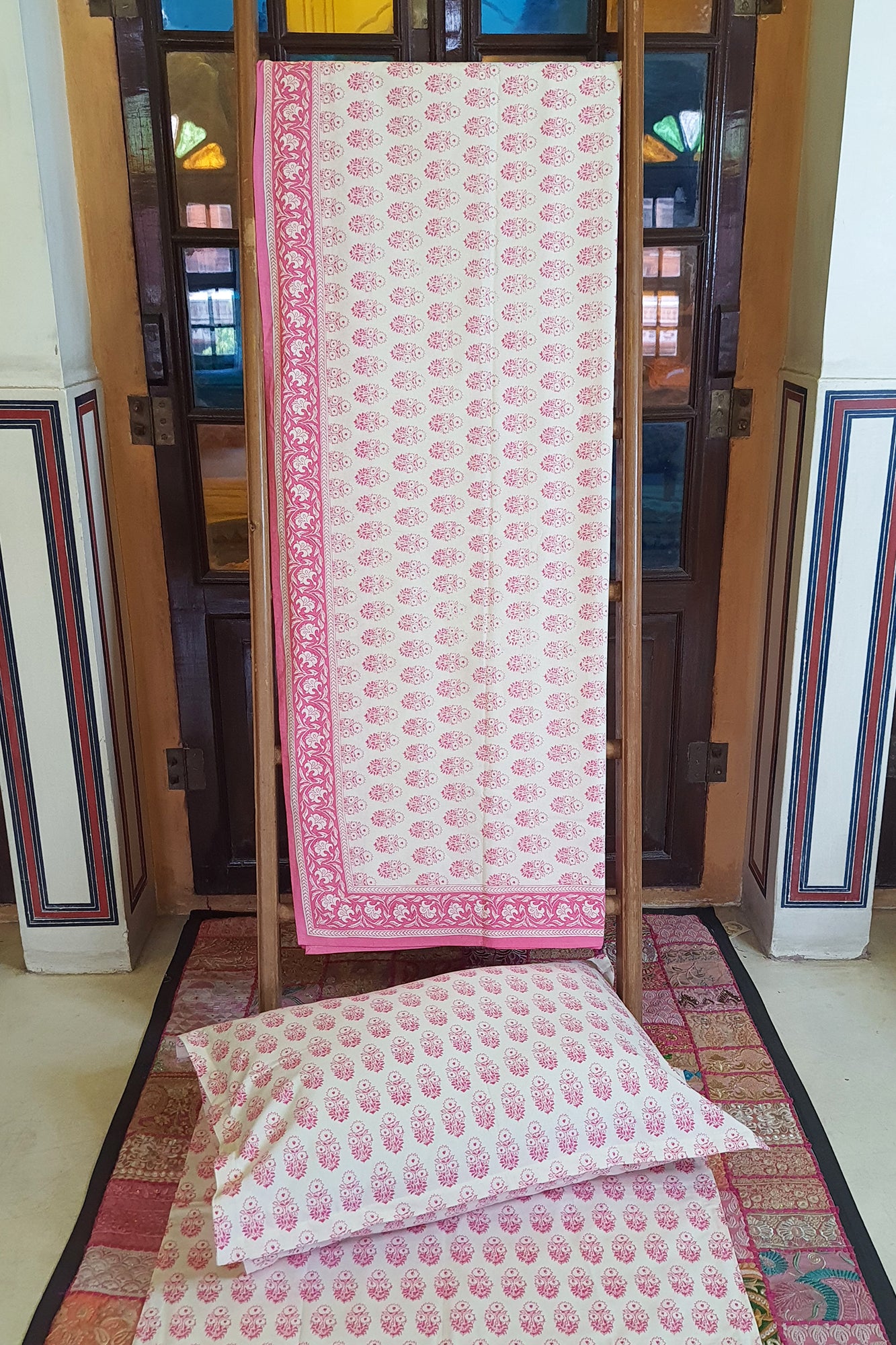 Pink Motifs Bed Sheet With Pillow