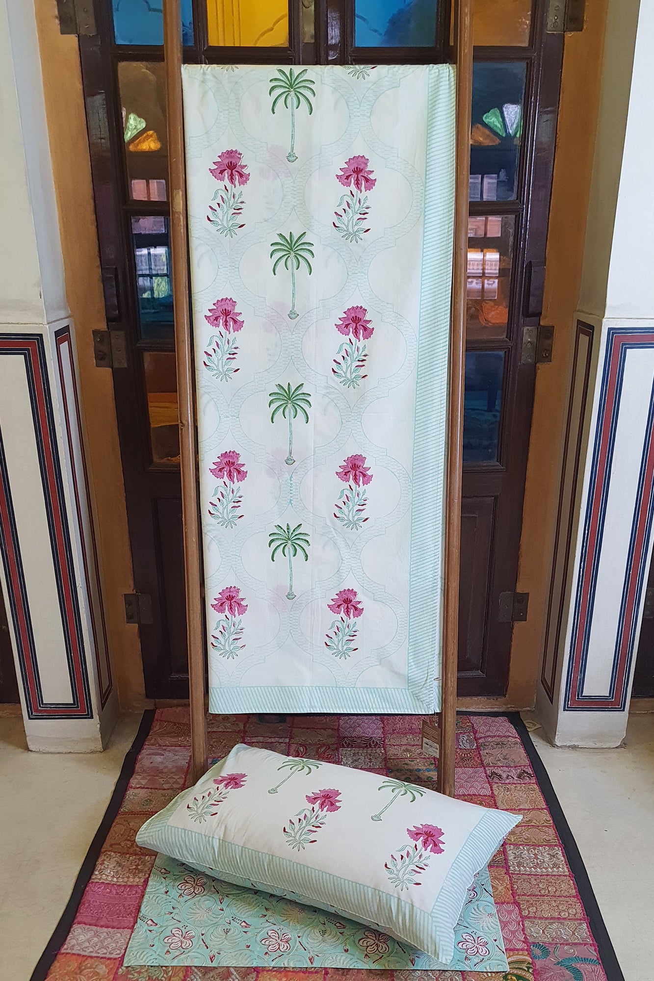 Green Palm Bed Sheet With Pillow