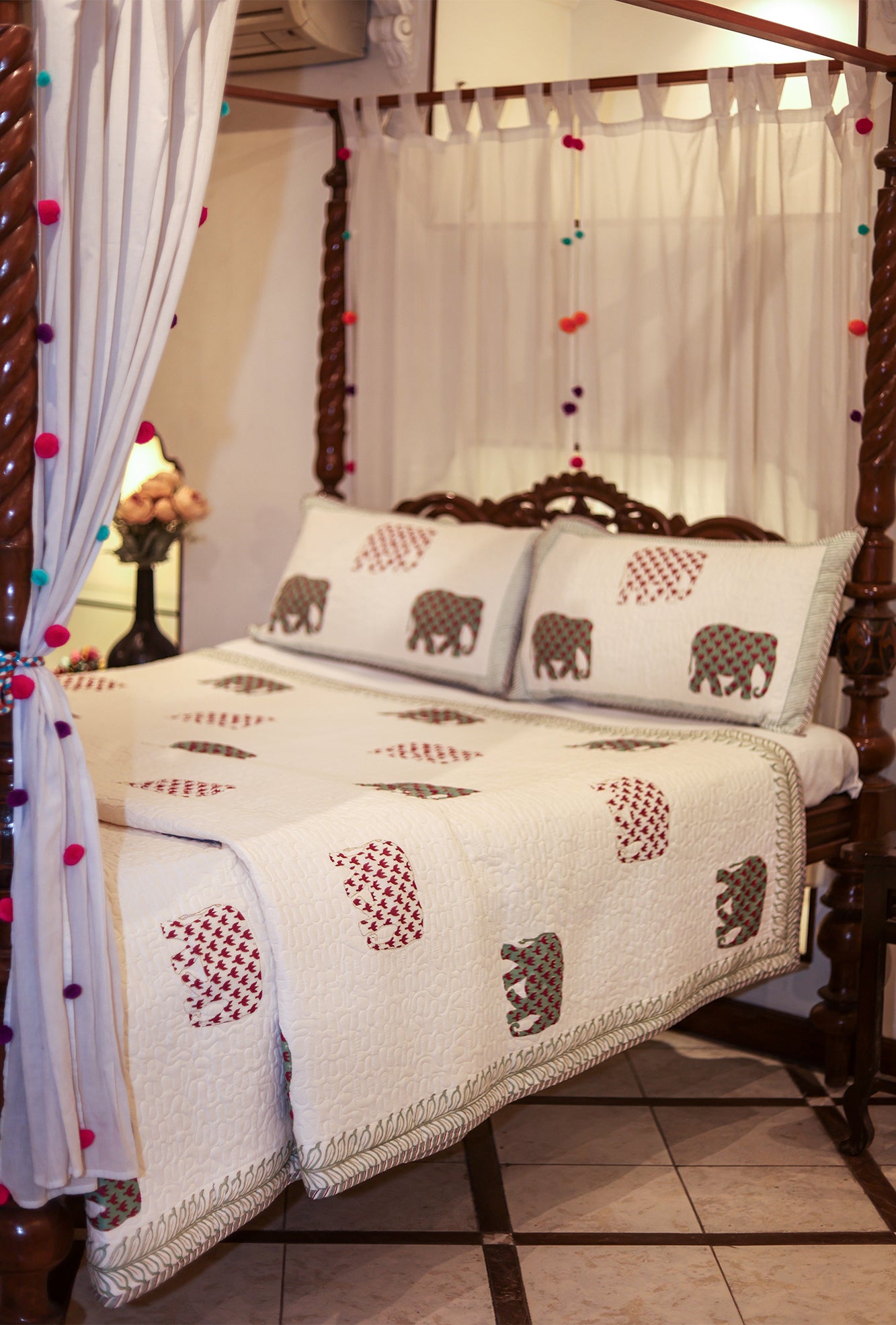 Elephants Red Green Bed Cover