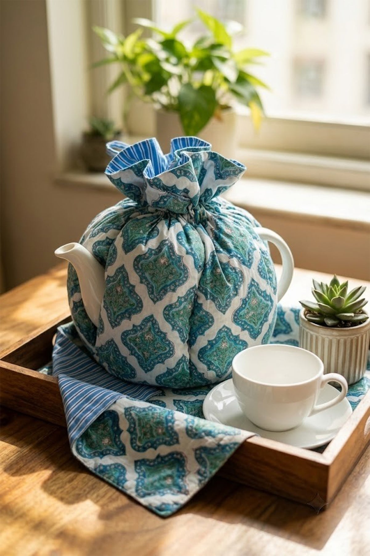 Aqua Motifs Tea Cozy Set