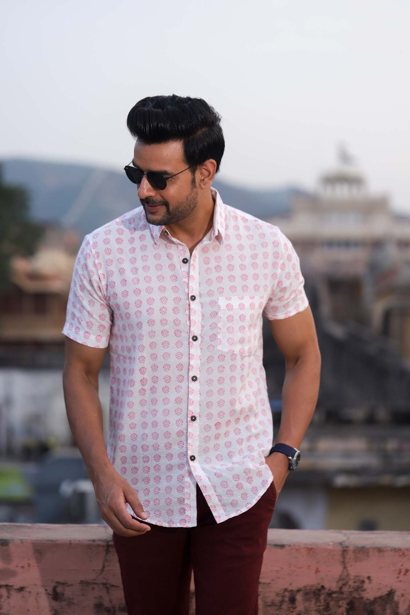 Shirt Half Sleeve Mens Floral Buti Pink