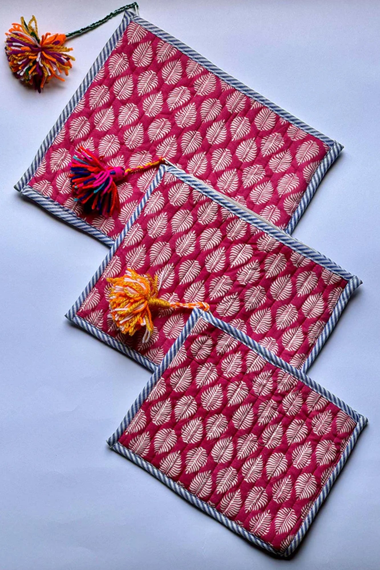 Pink Leaf Pouch Set of 3 - Flat Quilted