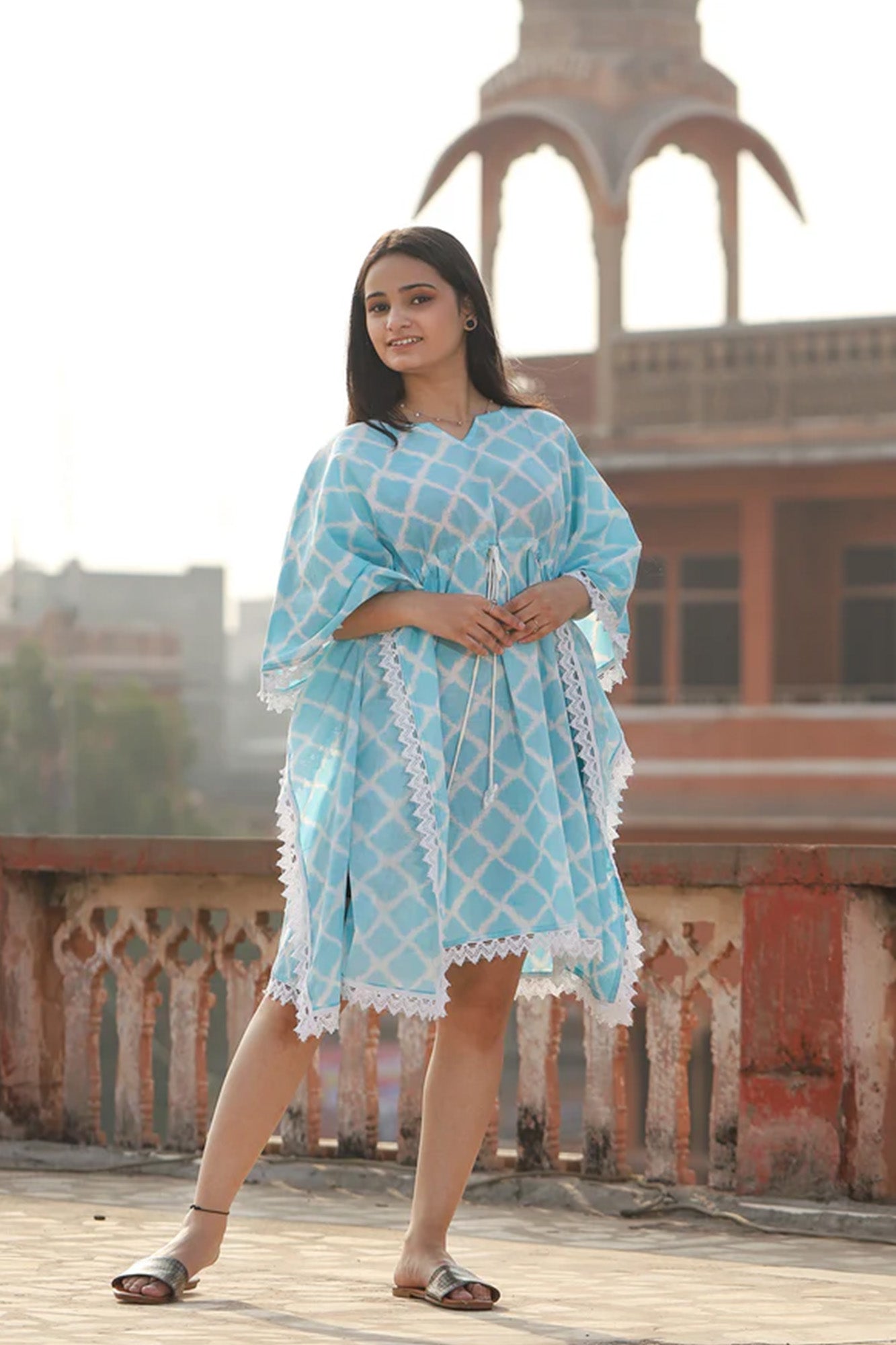 Kaftan Short Women Sky Blue Diamond