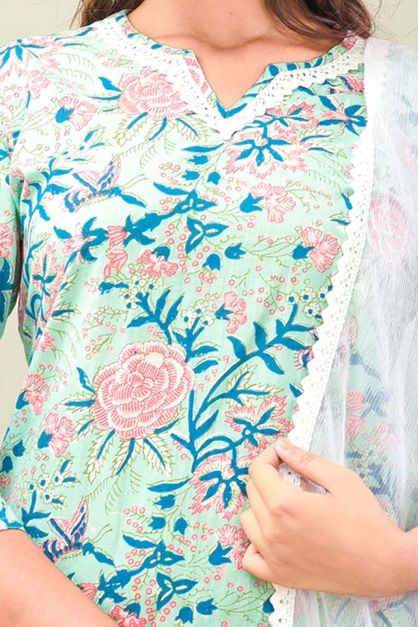 Aqua Blue Rose Kurta Suit Set/3