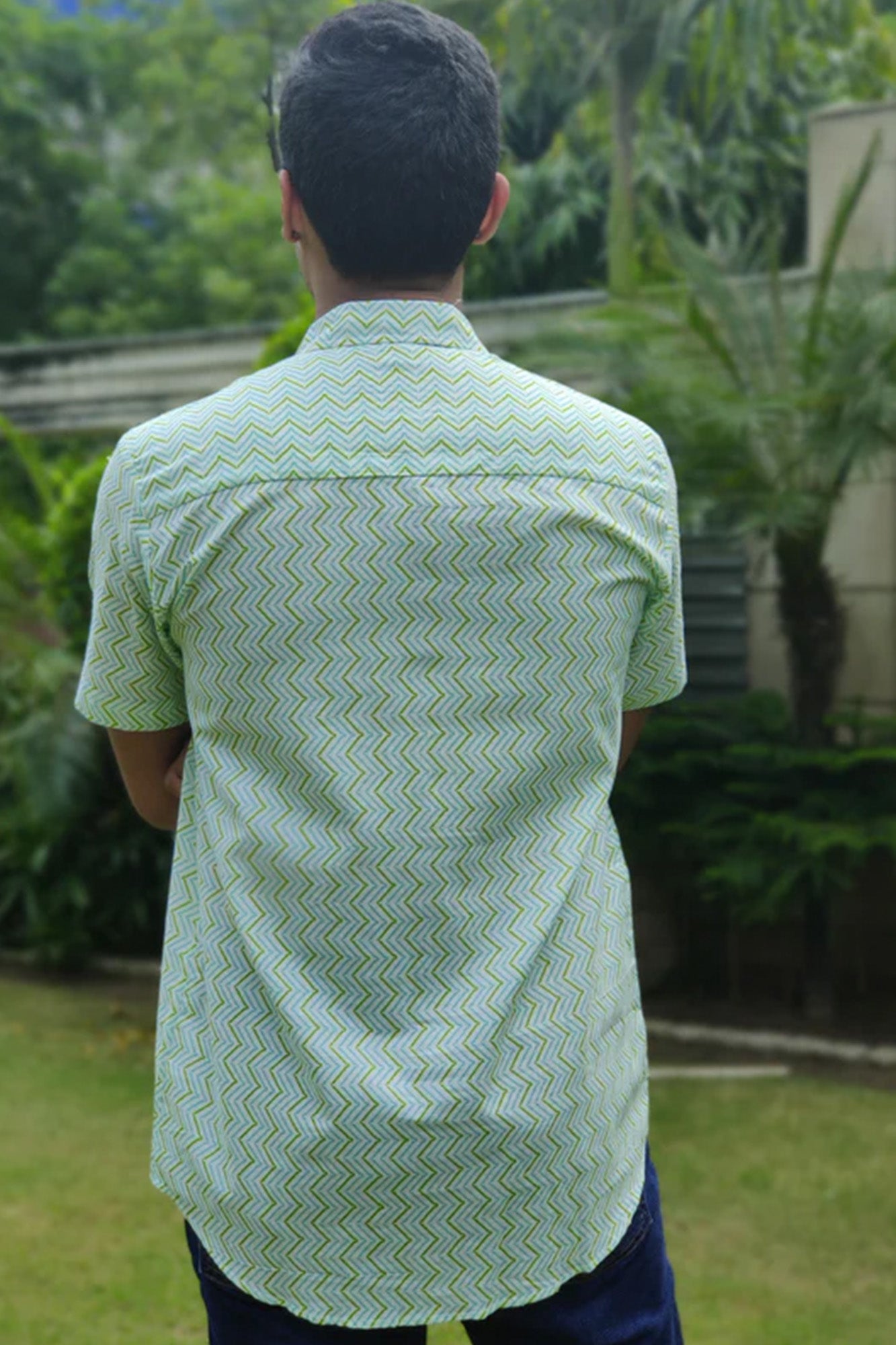 Men Half Sleeve Shirt Green Blue Chevron