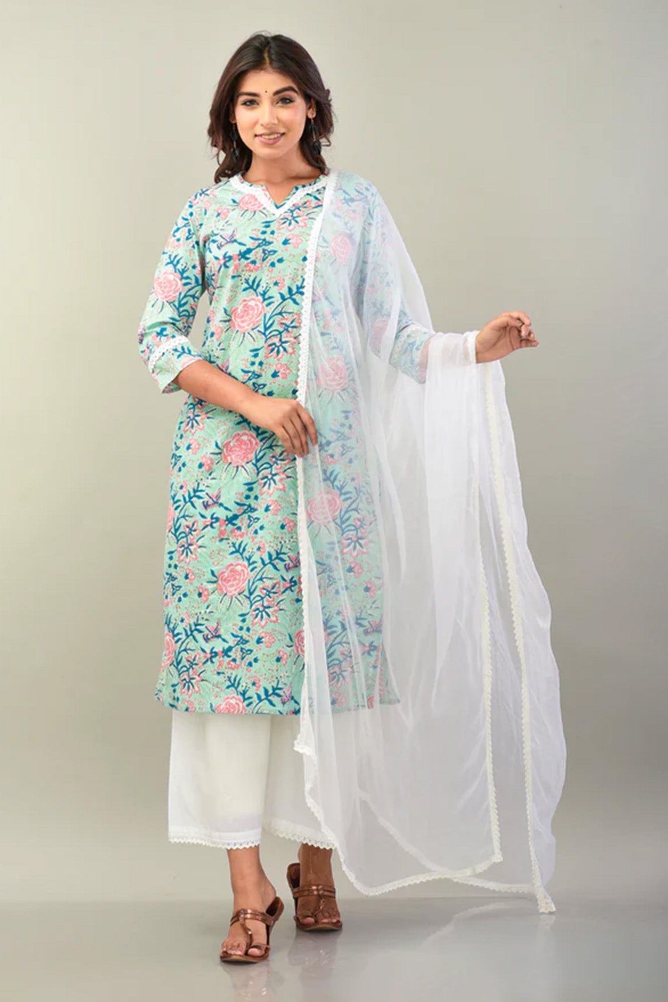 Aqua Blue Rose Kurta Suit Set/3