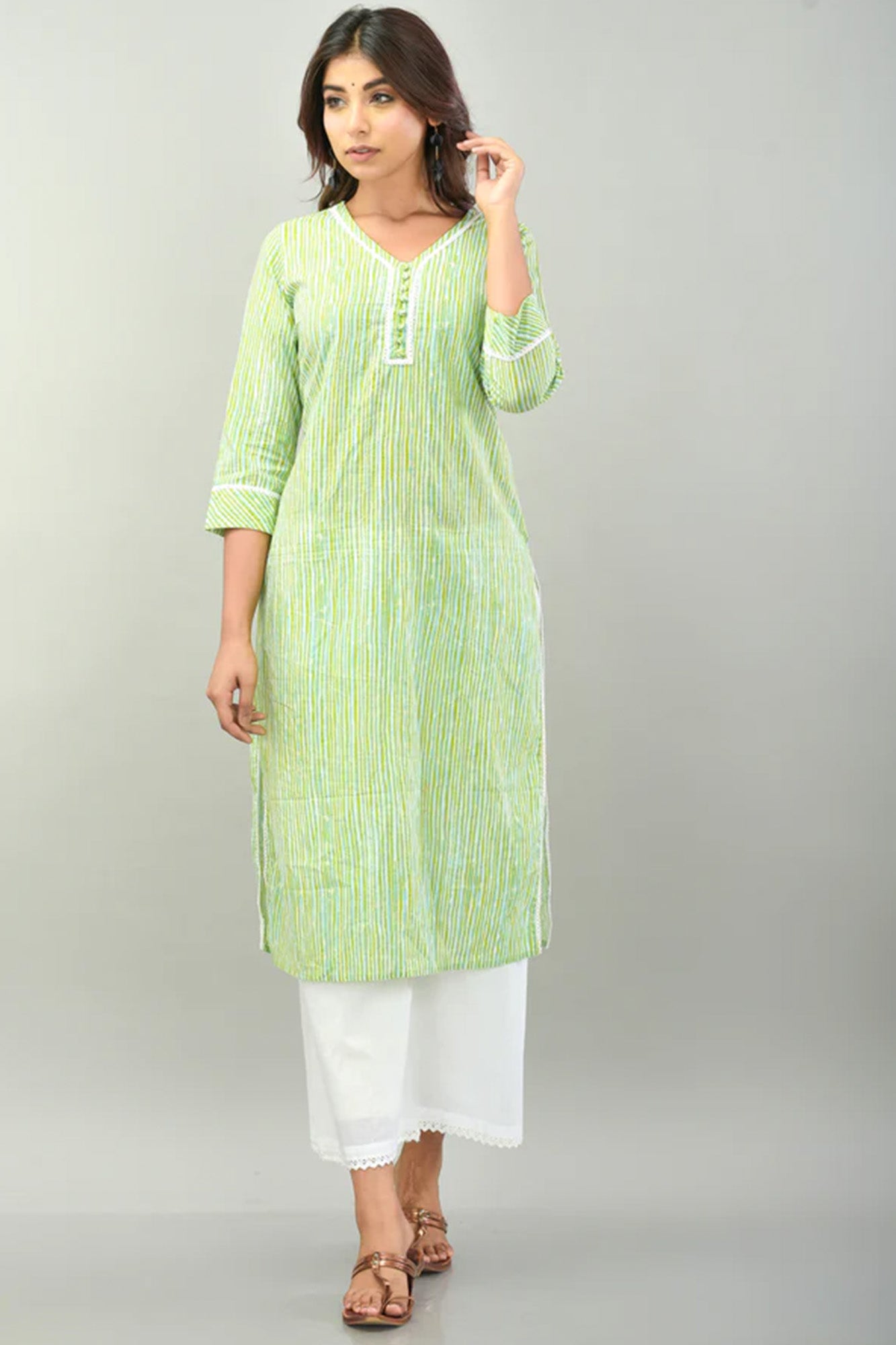 Kurta Set Women Set of 2 French Stripes Green