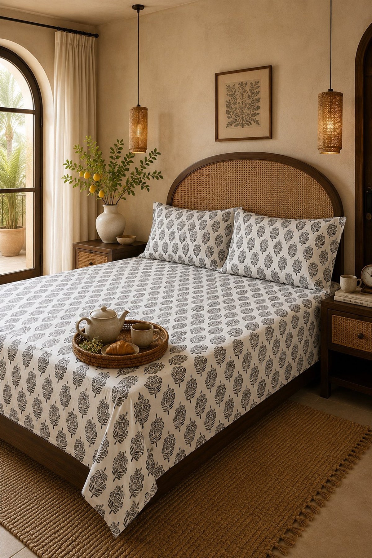 Block Motifs Grey Bed Sheet With Pillow