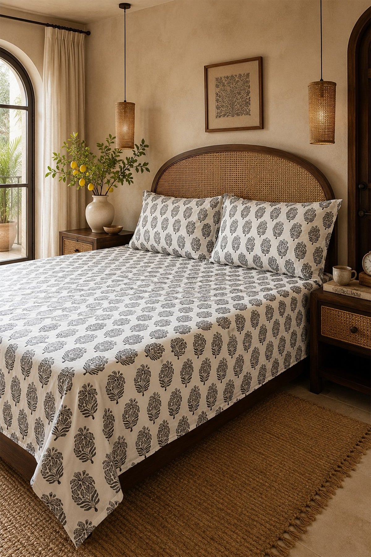 Block Motifs Grey Bed Sheet With Pillow