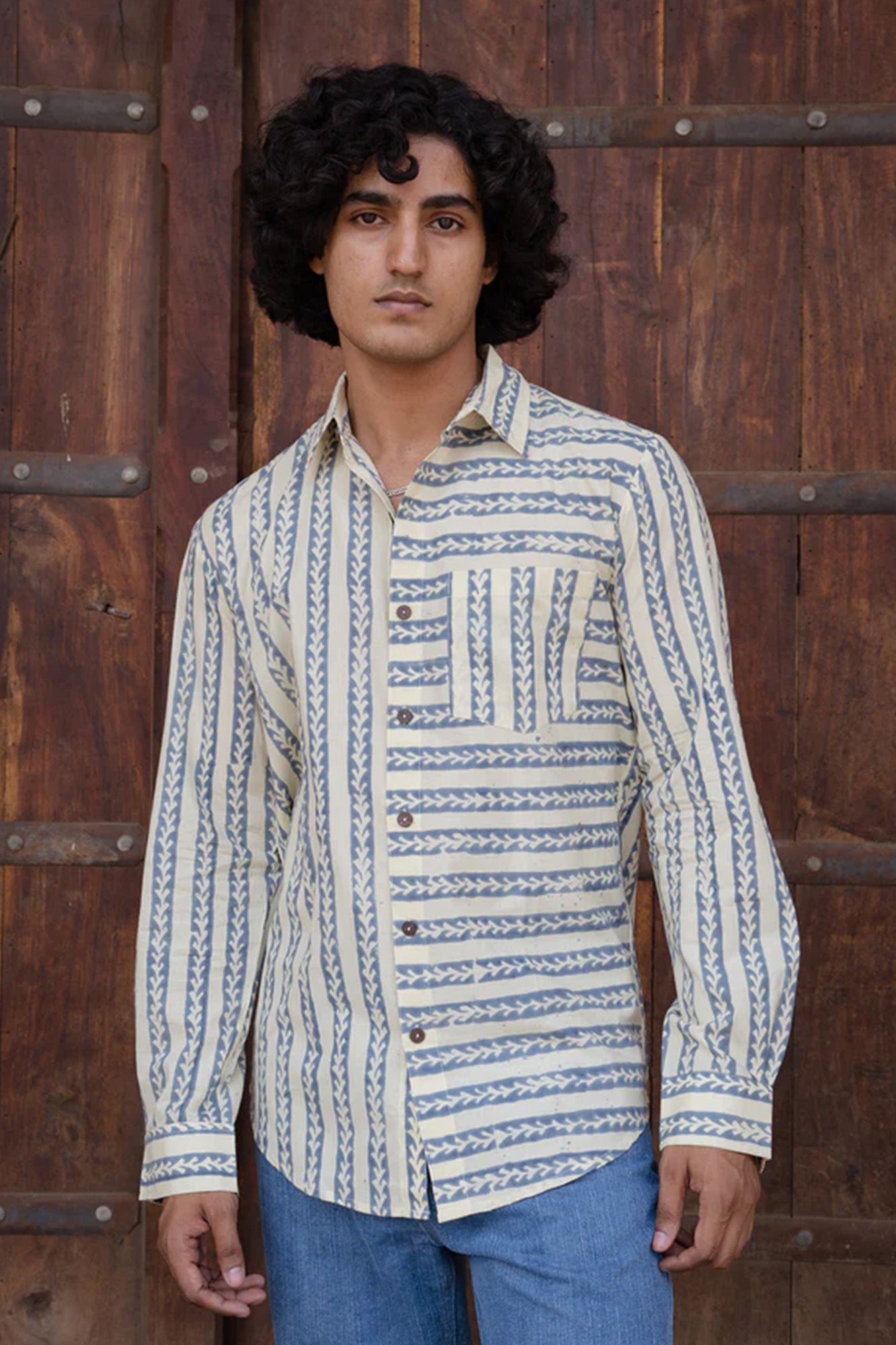 Indigo Leaves Mix Full Sleeve Shirt