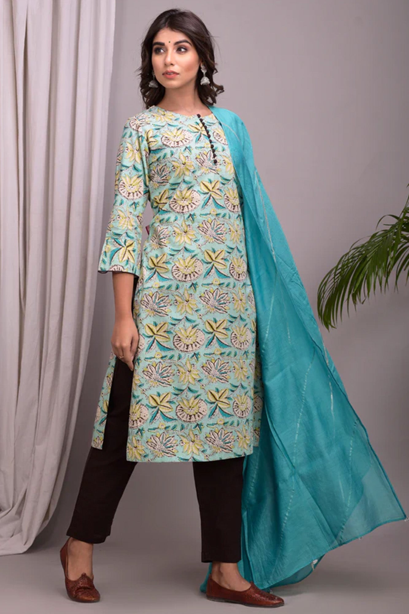 Women Teal Floral 3 PC Suit Set