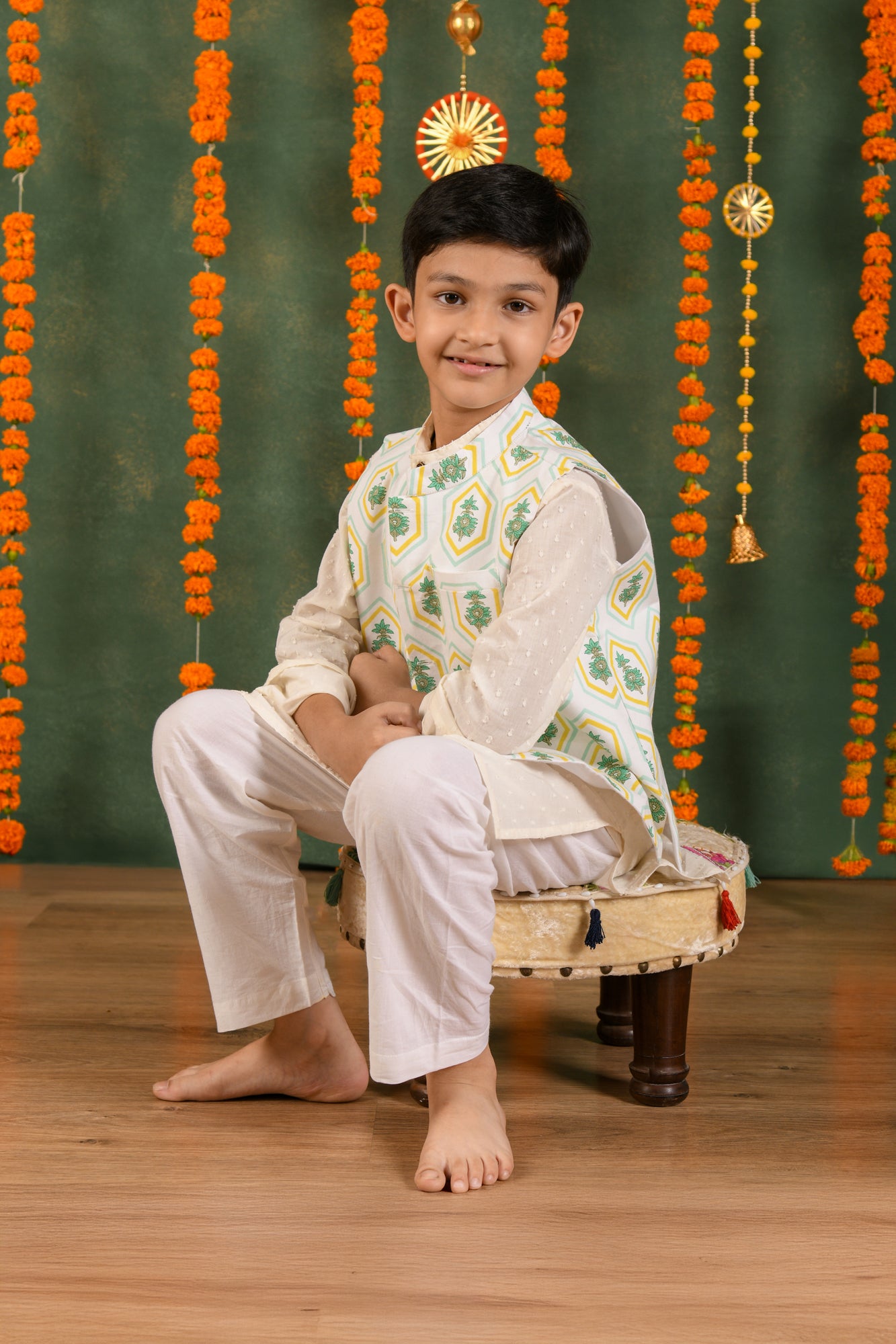 Geo Bloom Jacket & White Dobby Kurta Set